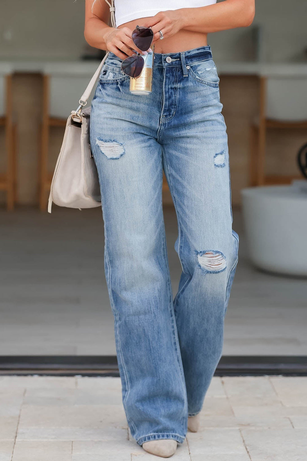 Distressed Straight Jeans with Pockets - The Goddess Galleries