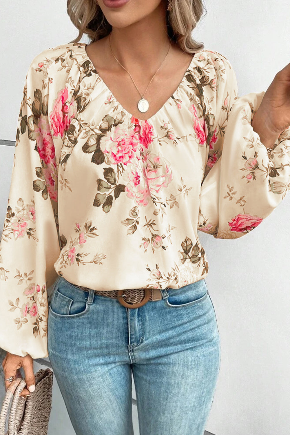Floral V-Neck Balloon Sleeve Blouse - The Goddess Galleries