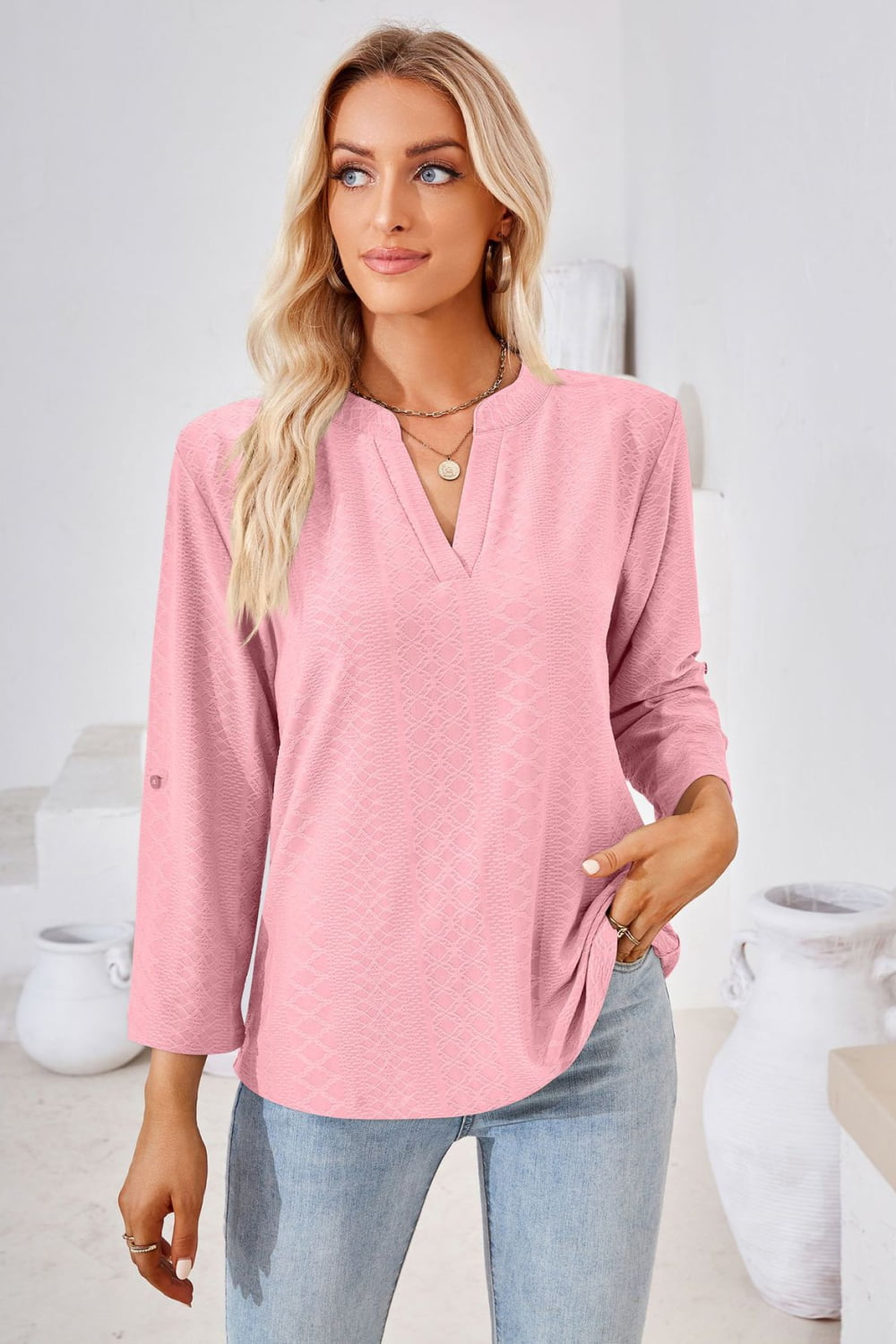 V-Neck Roll-Tap Sleeve Blouse - The Goddess Galleries