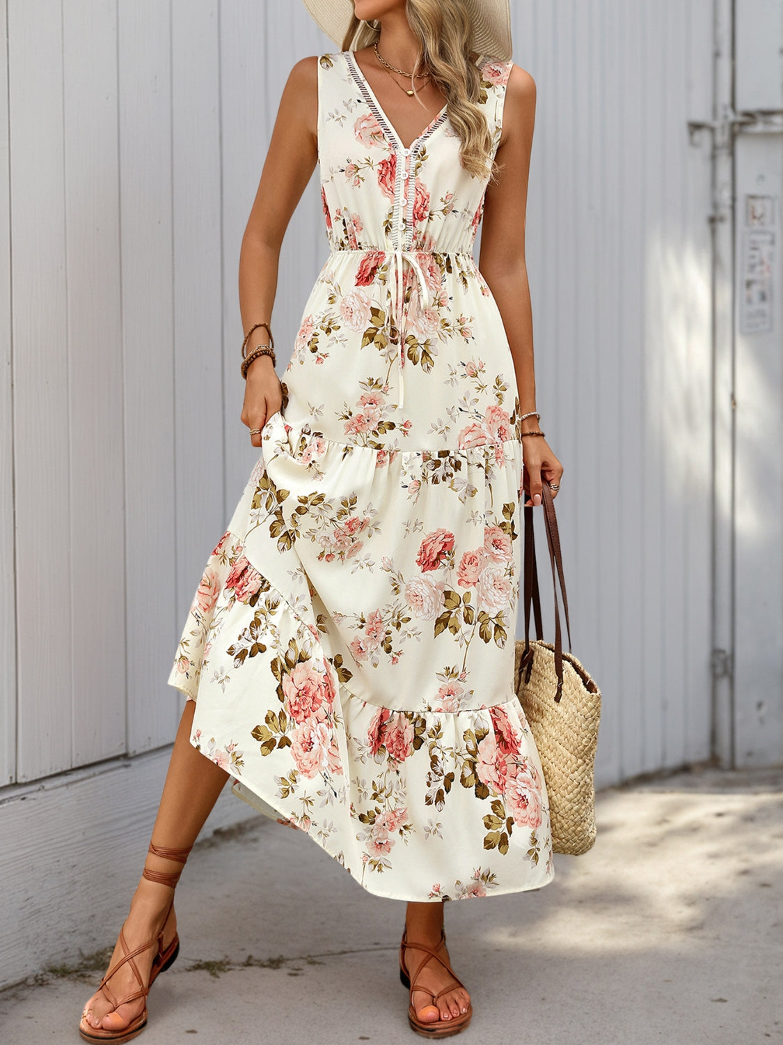Printed Ruffled Hem V-Neck Sleeveless Dress - The Goddess Galleries