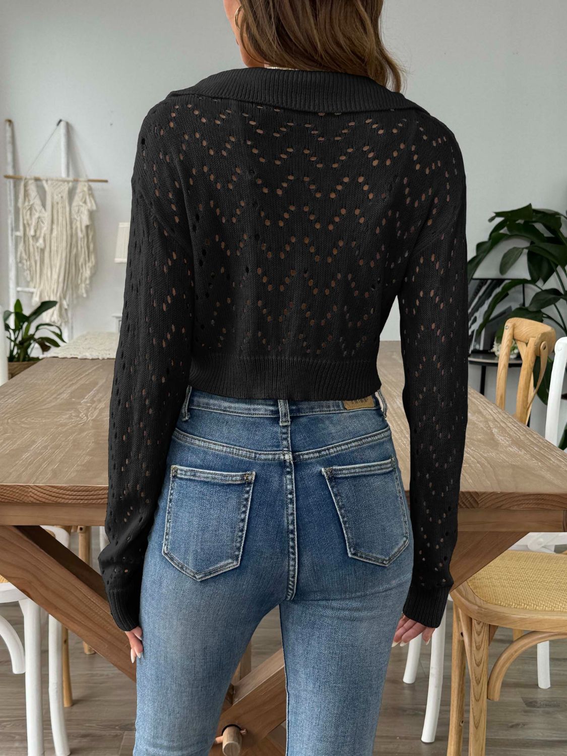 Openwork Collared Neck Long Sleeve Knit Top - The Goddess Galleries