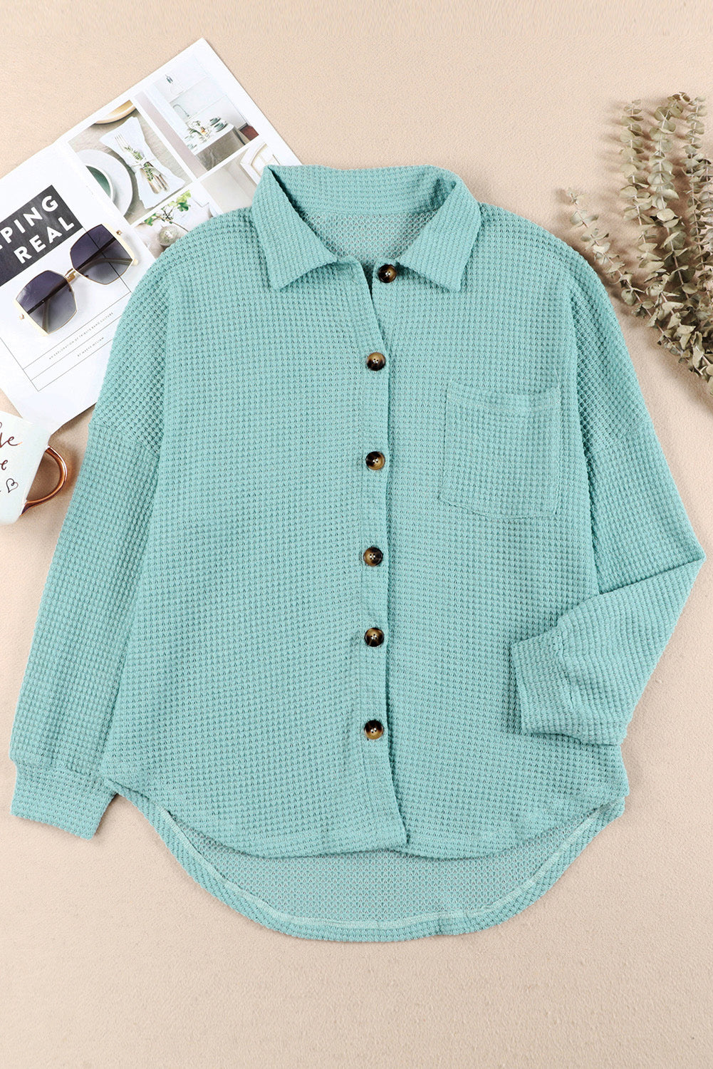 Waffle-Knit Collared Neck Long Sleeve Shirt - The Goddess Galleries