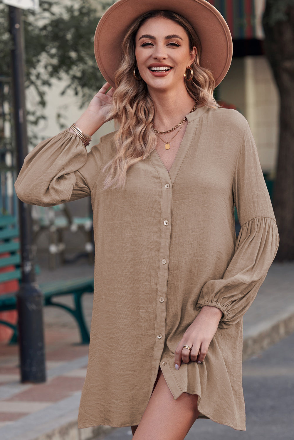 Notched Button Up Balloon Sleeve Longline Top - The Goddess Galleries