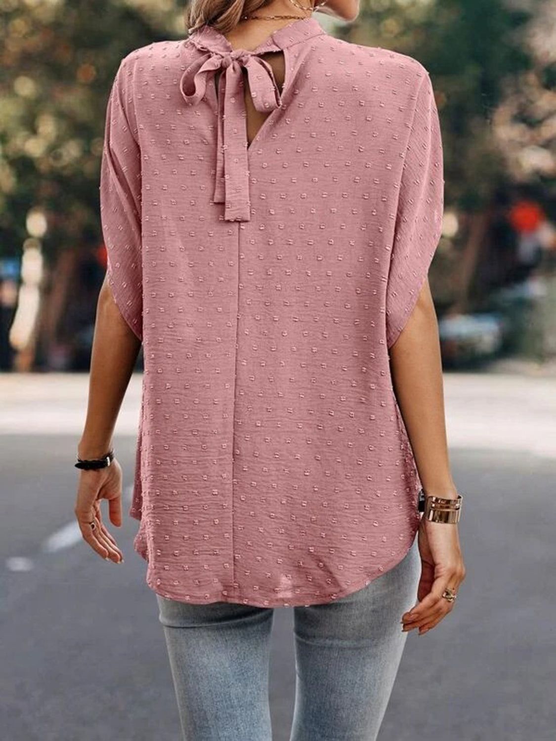 Swiss Dot Mock Neck Half Sleeve Blouse - The Goddess Galleries