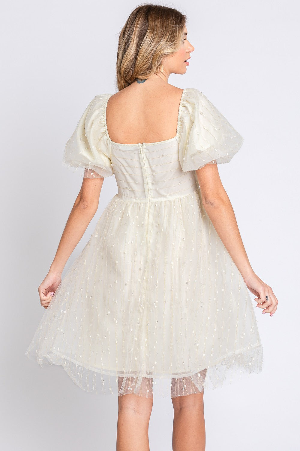 GeeGee Pearl Mesh Puff Sleeve Babydoll Dress - The Goddess Galleries