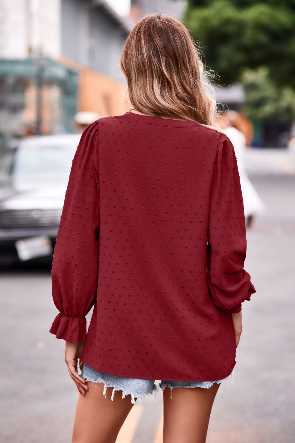 Swiss Dot Notched Neck Flounce Sleeve Blouse - The Goddess Galleries