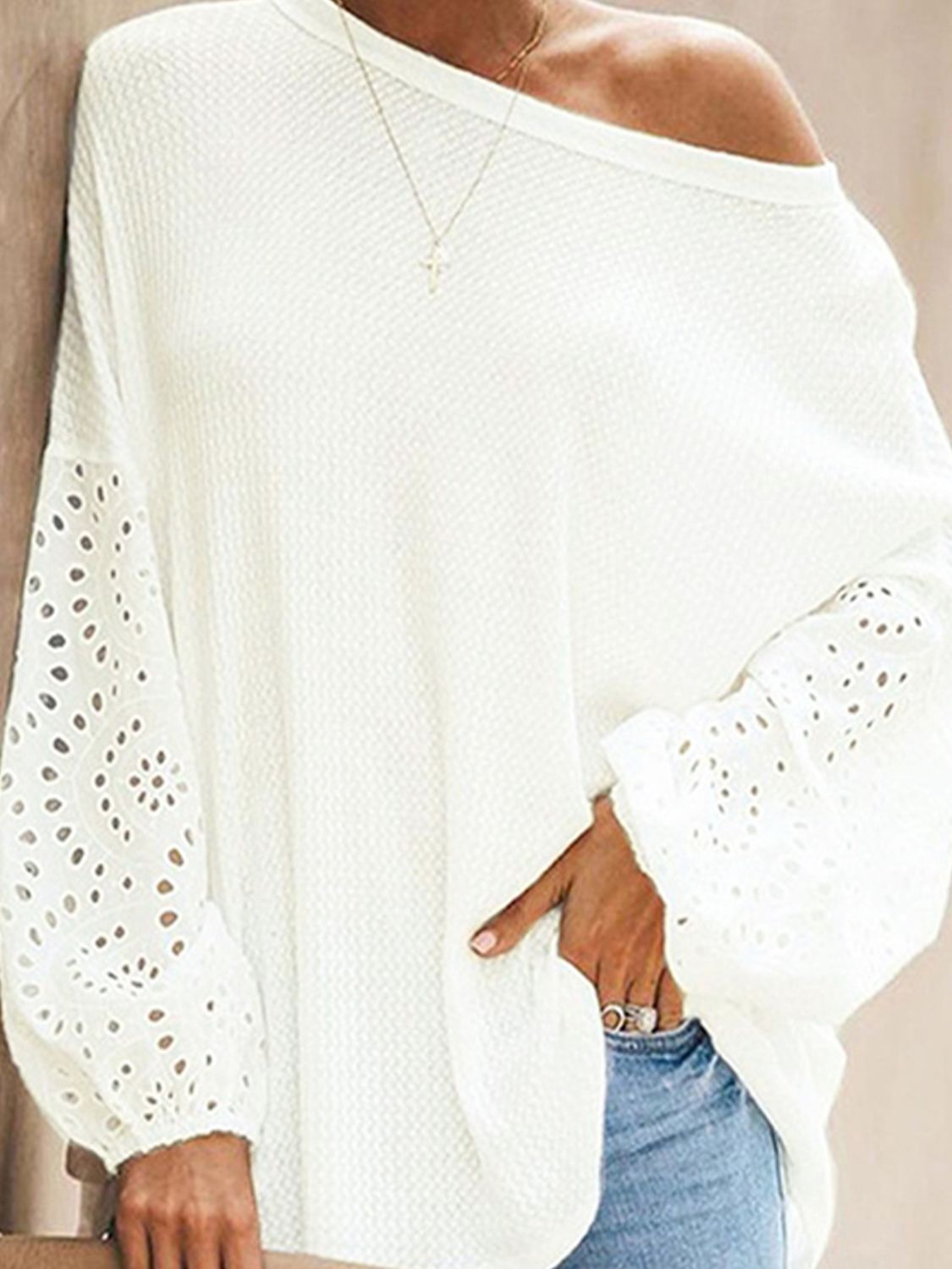 Shiny Openwork Dropped Shoulder Boat Neck Blouse - The Goddess Galleries