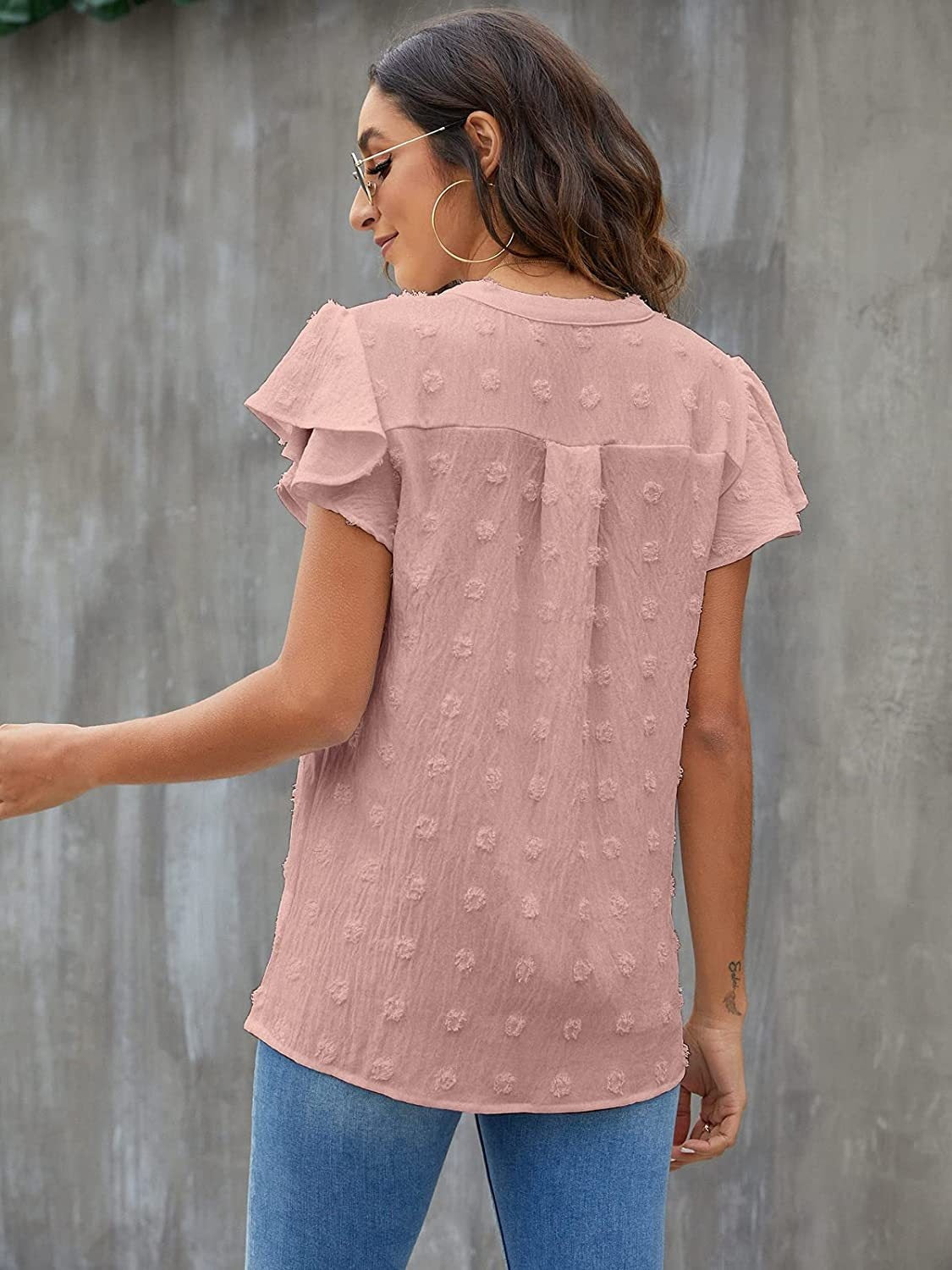 Swiss Dot Notched Flutter Sleeve Blouse - The Goddess Galleries