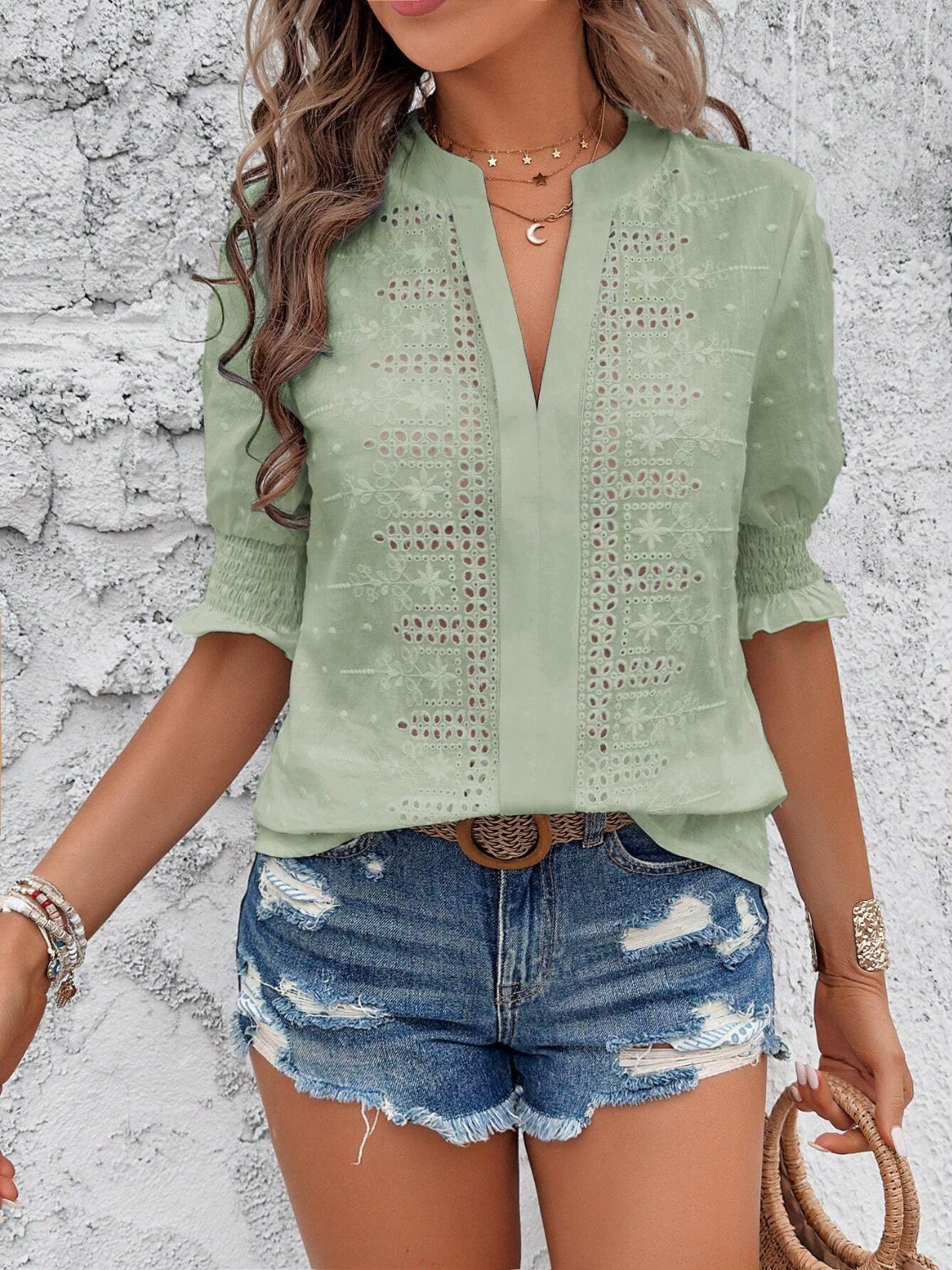 Eyelet Notched Flounce Sleeve Blouse - The Goddess Galleries