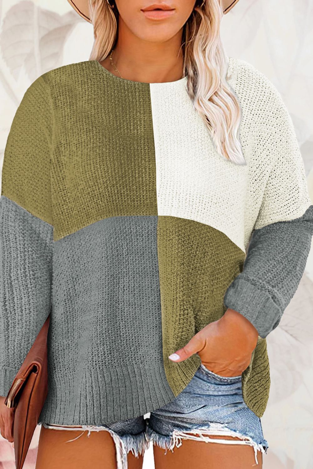 Plus Size Color Block Round Neck Sweater - The Goddess Galleries
