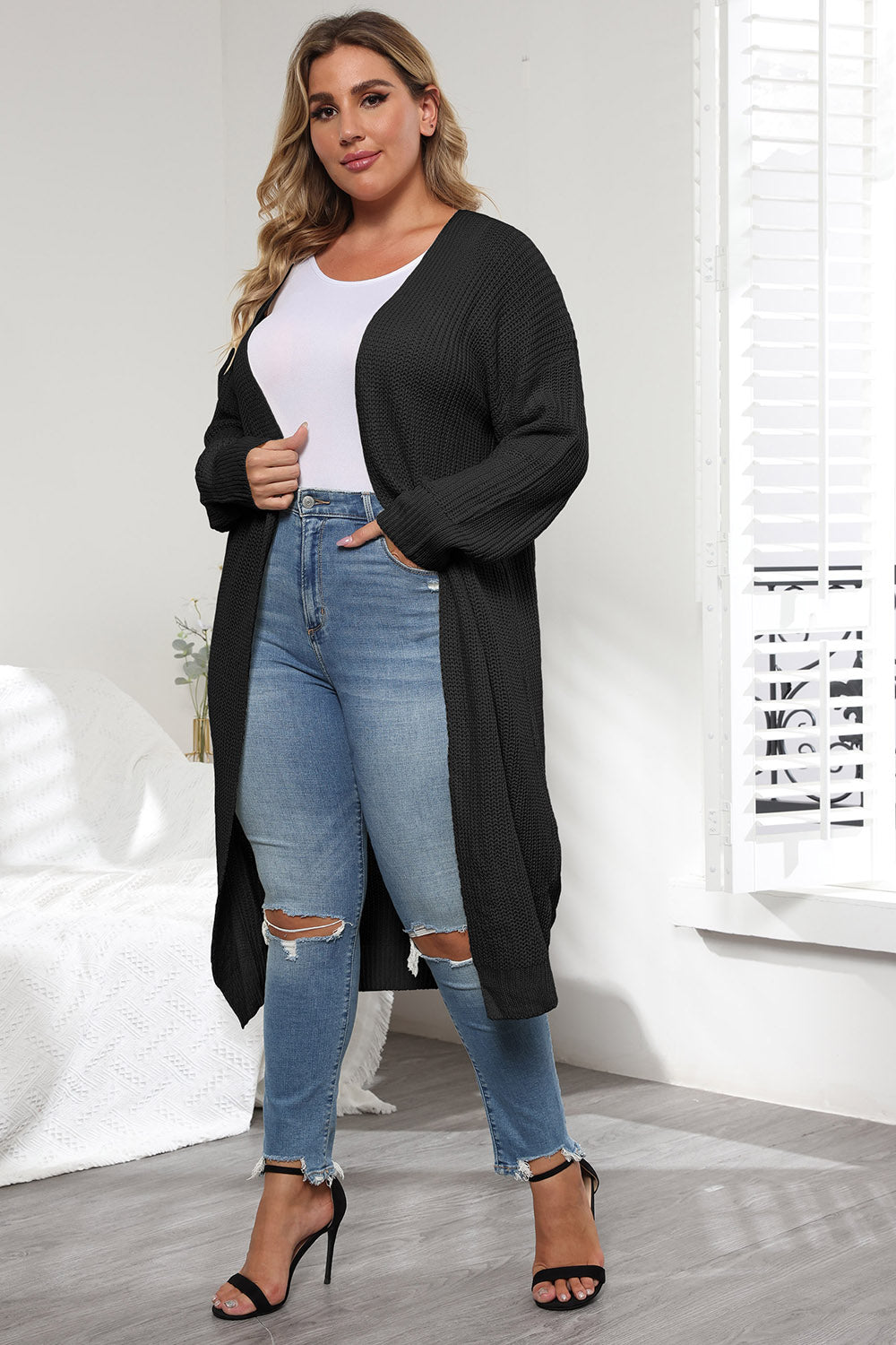 Plus Size Open Front Long Sleeve Cardigan - The Goddess Galleries