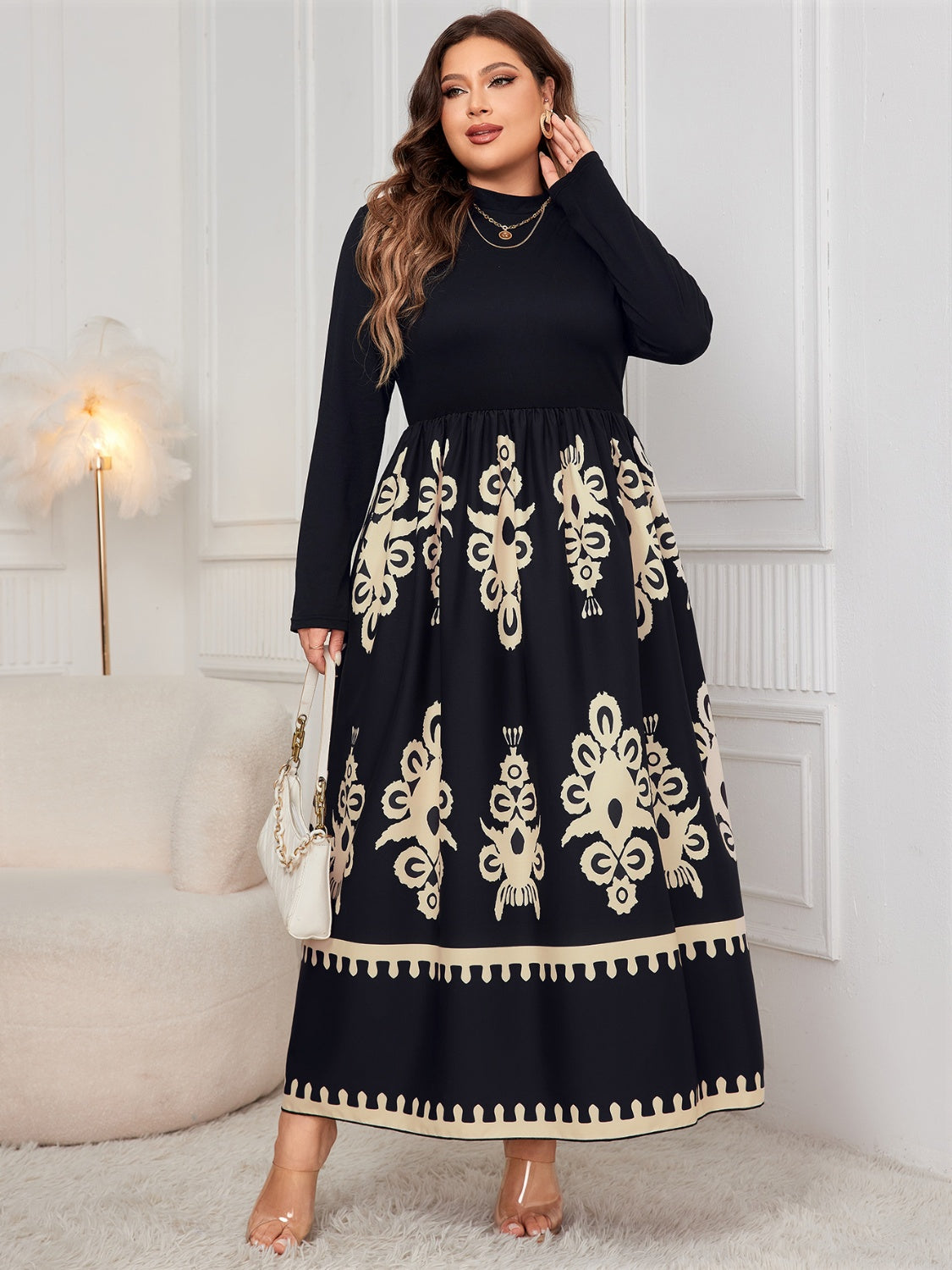 Honey Plus Size Printed Mock Neck Long Sleeve Dress - The Goddess Galleries