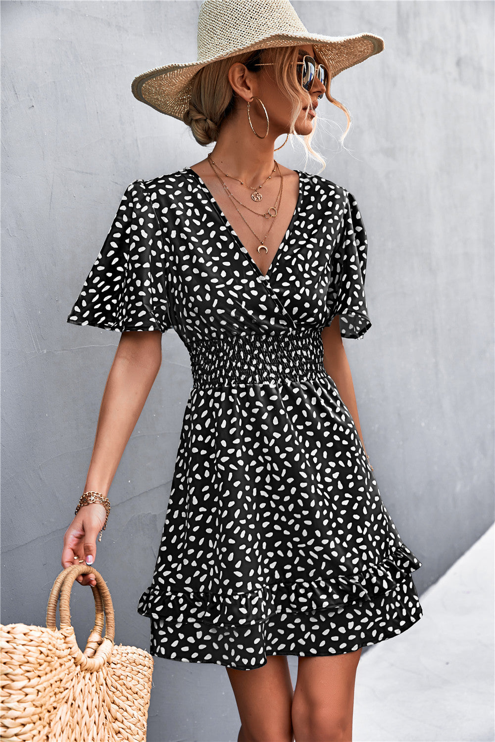 Printed Smocked Waist Layered Surplice Dress - The Goddess Galleries