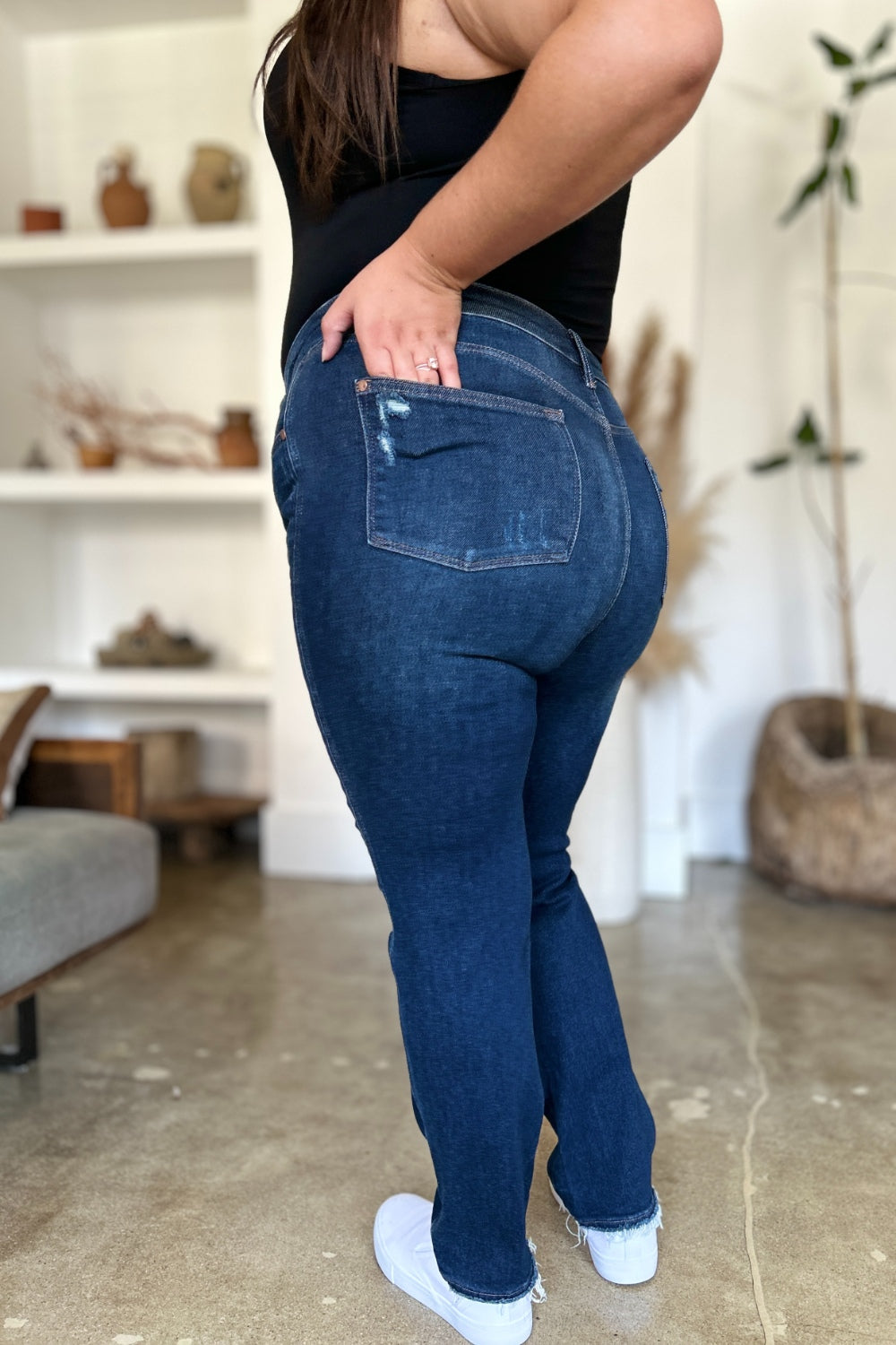 Judy Blue Full Size High Waist Rigid Magic Heavy Destroy Straight Jeans - The Goddess Galleries