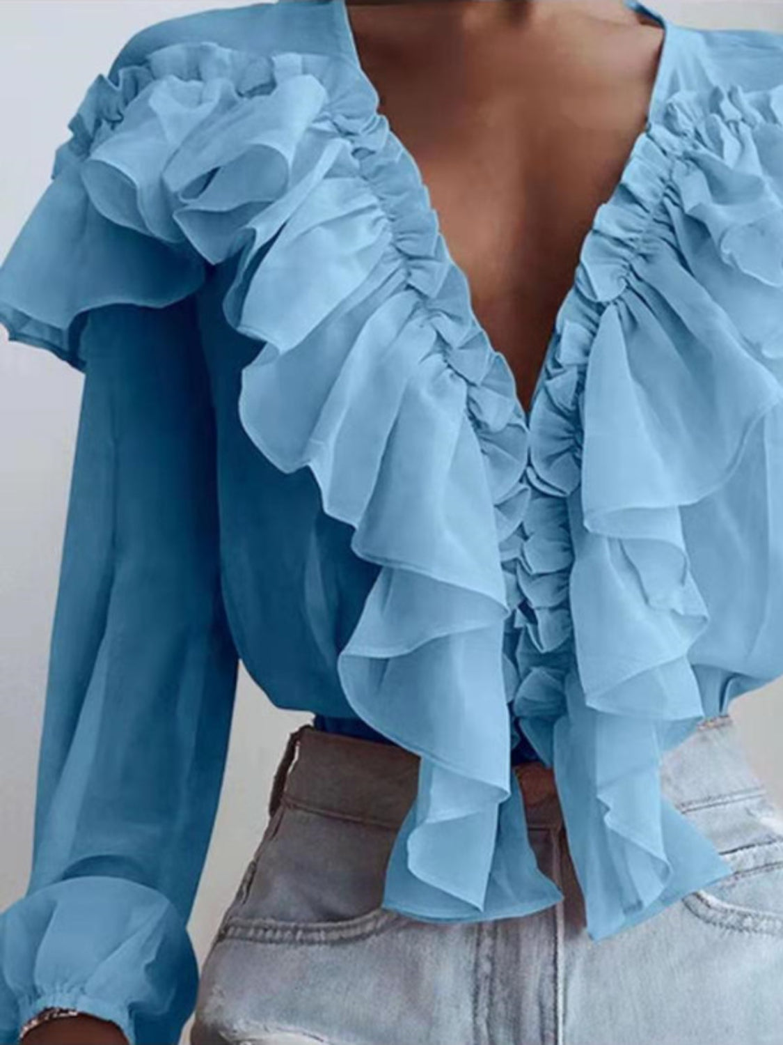 Ruffled V-Neck Long Sleeve Blouse - The Goddess Galleries