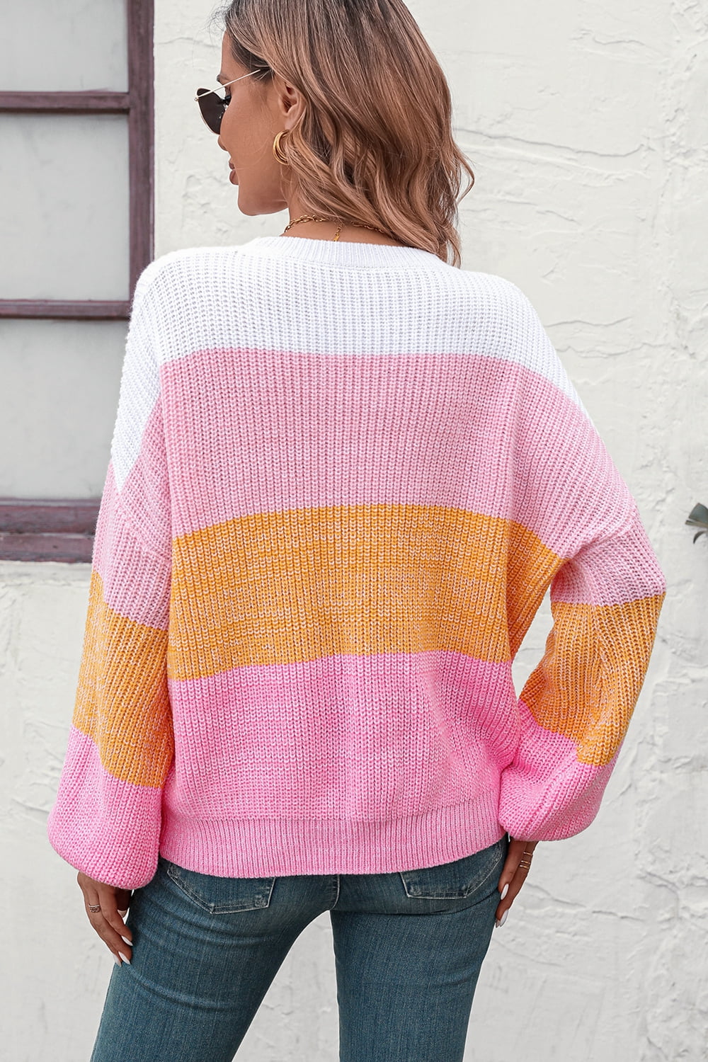 Round Neck Color Block Ribbed Pullover Sweater - The Goddess Galleries
