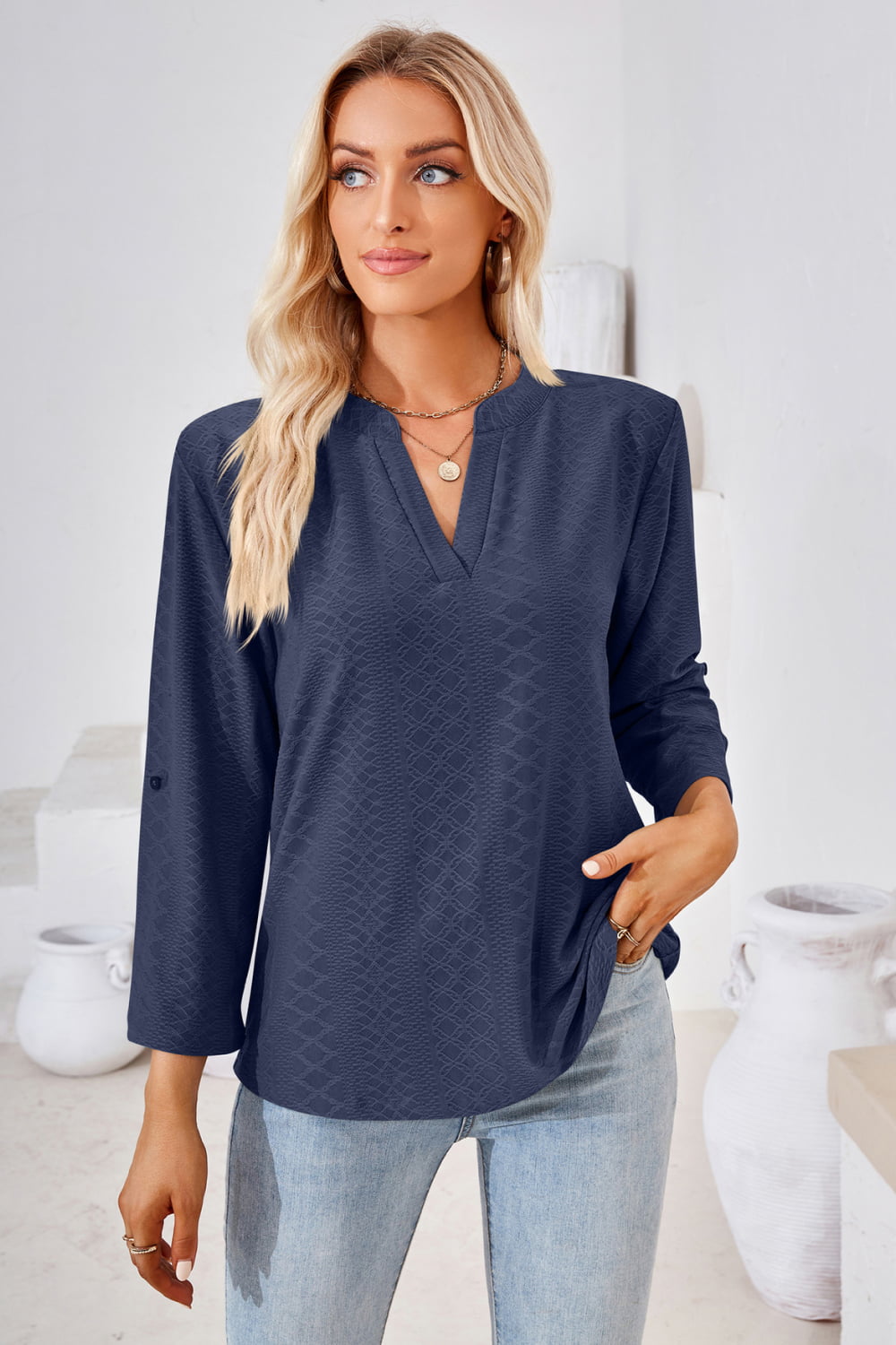 V-Neck Roll-Tap Sleeve Blouse - The Goddess Galleries