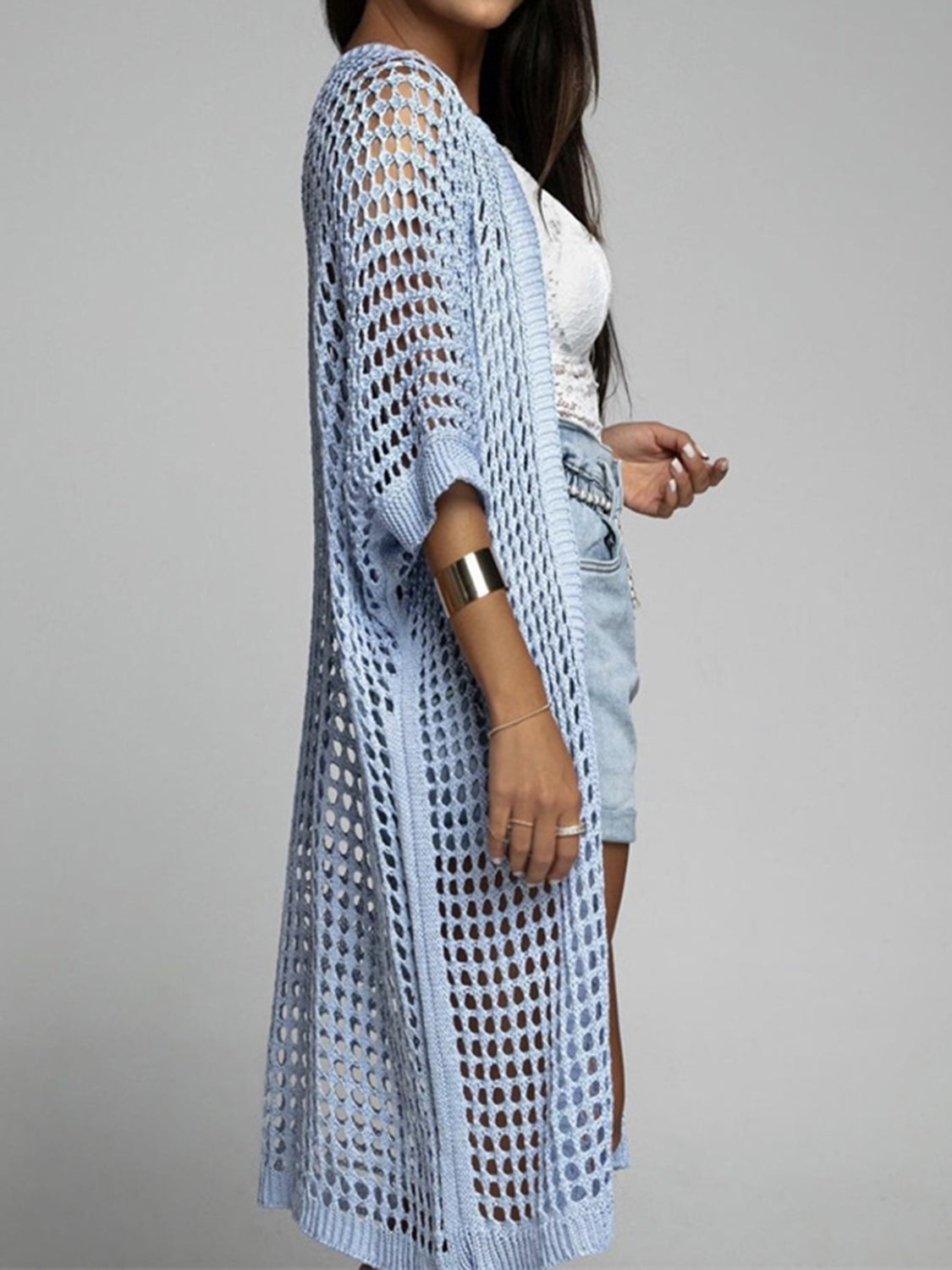 Openwork Open Front Three-Quarter Sleeve Cover Up - The Goddess Galleries
