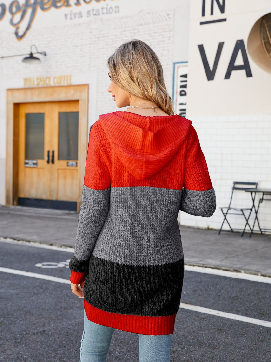 Color Block Open Front Hooded Cardigan - The Goddess Galleries