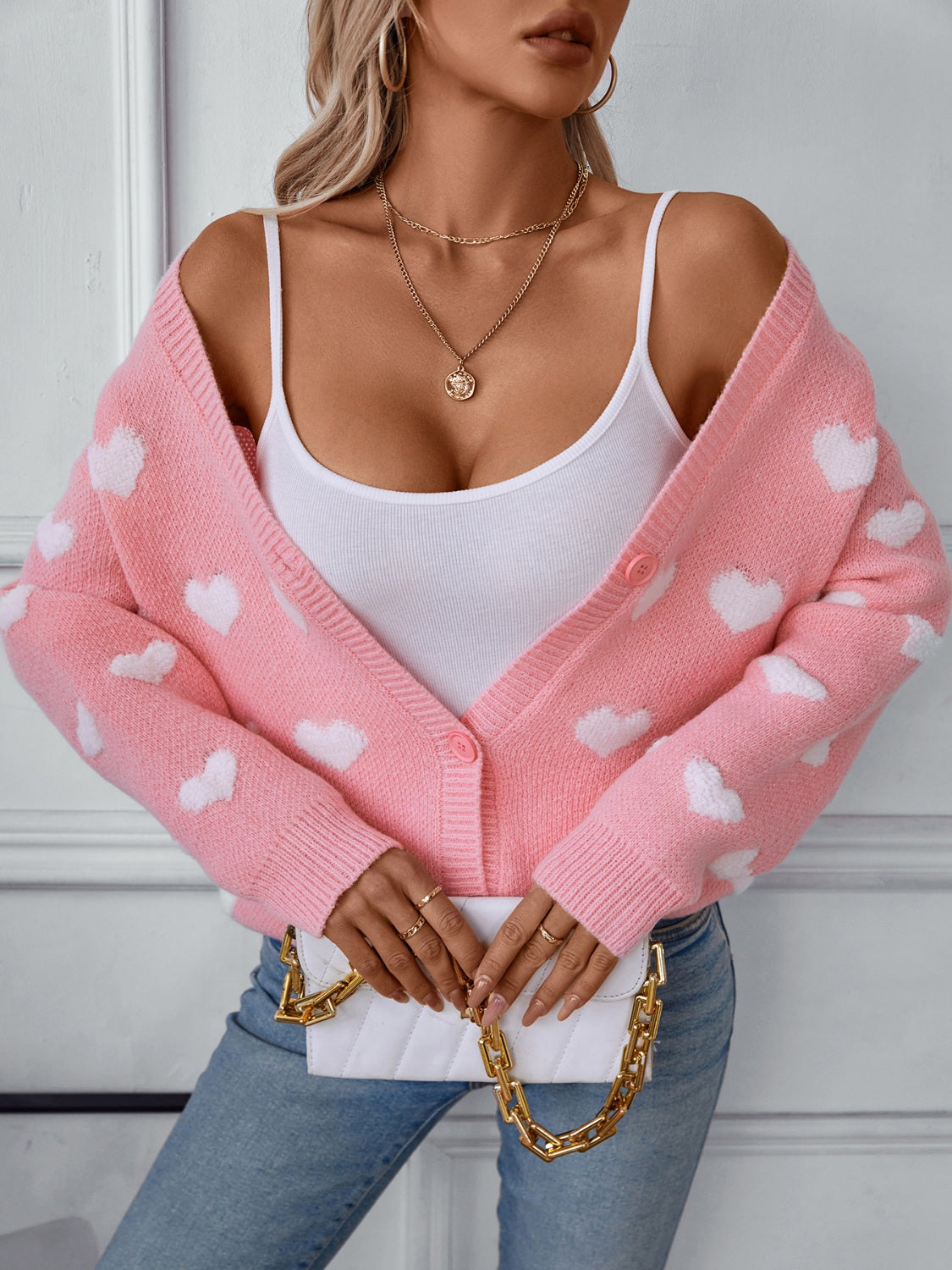 Heart V-Neck Button Up Long Sleeve Cardigan - The Goddess Galleries