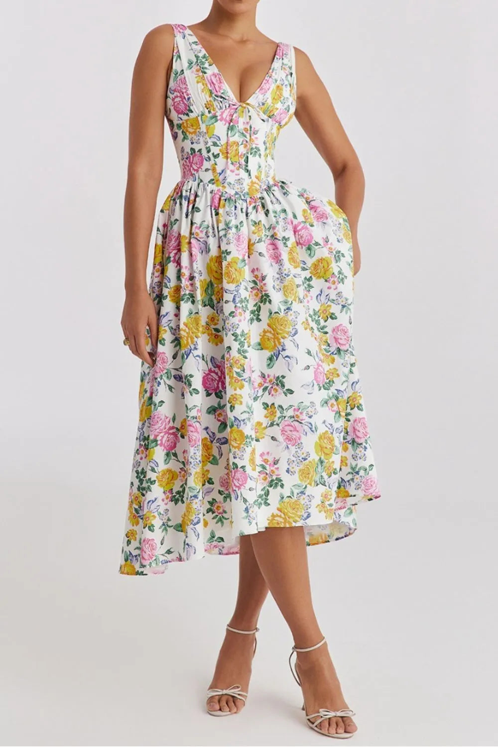 Floral V-Neck Sleeveless Midi Dress with Pockets - The Goddess Galleries