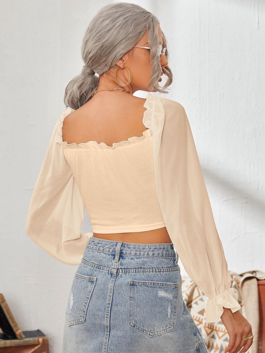 Mesh Sweetheart Neck Flounce Sleeve Top - The Goddess Galleries