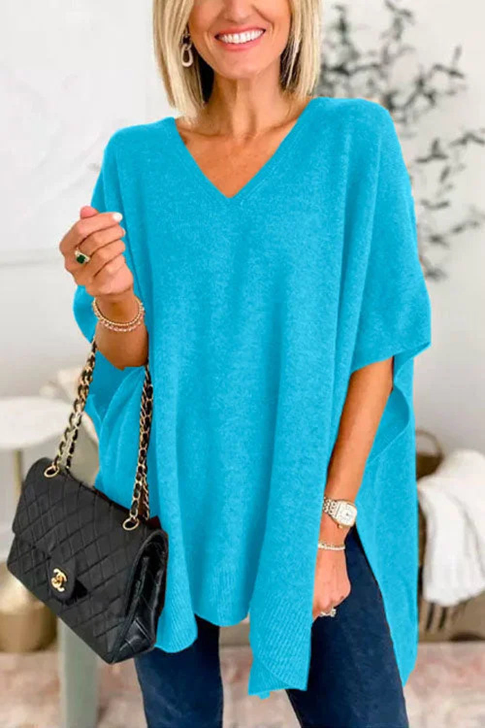 Slit V-Neck Half Sleeve Knit Top - The Goddess Galleries