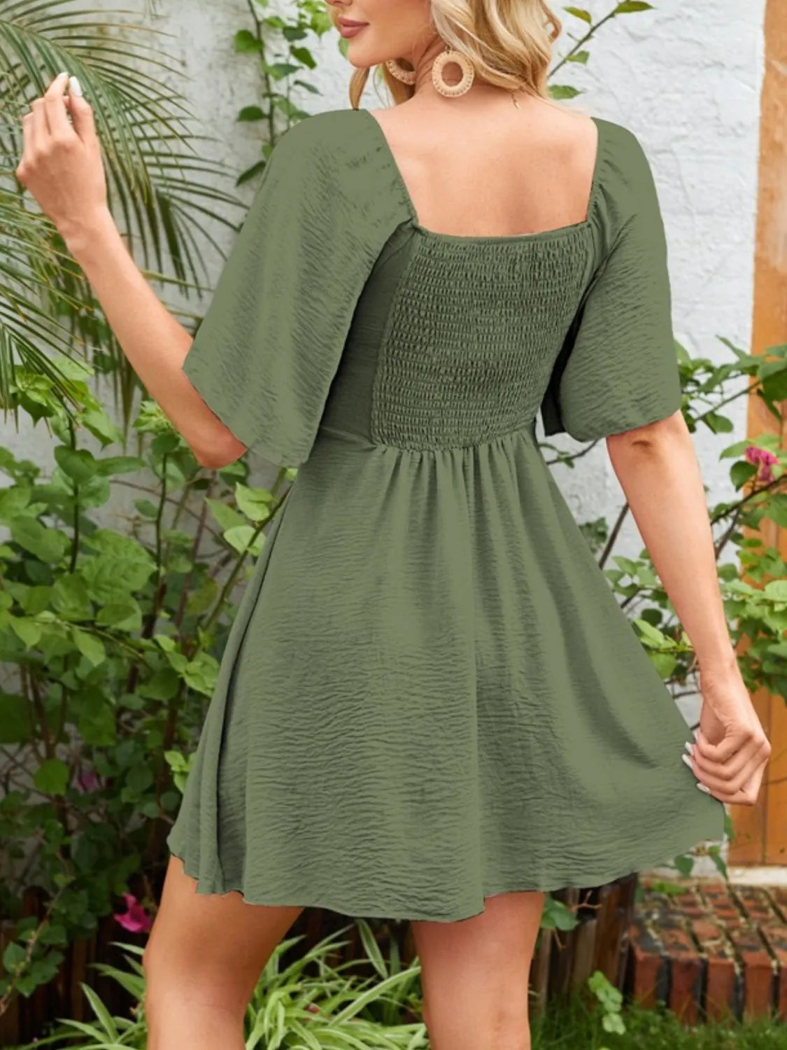 Smocked Back Knotted Flutter Sleeve Dress - The Goddess Galleries