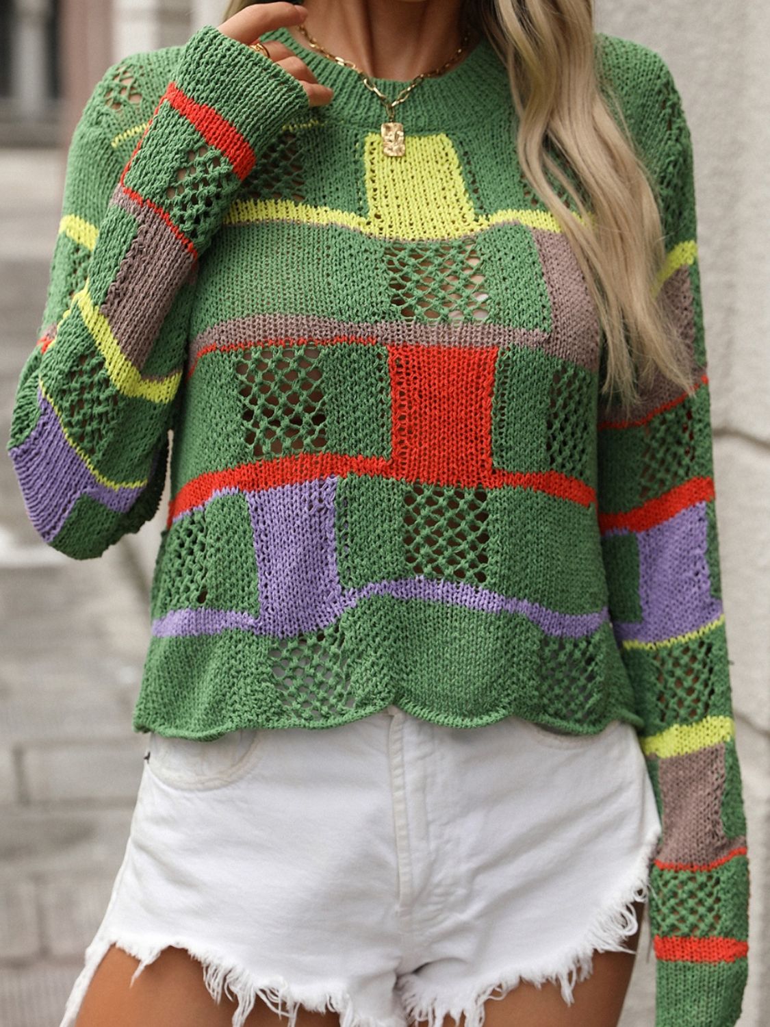 Openwork Color Block Round Neck Sweater - The Goddess Galleries
