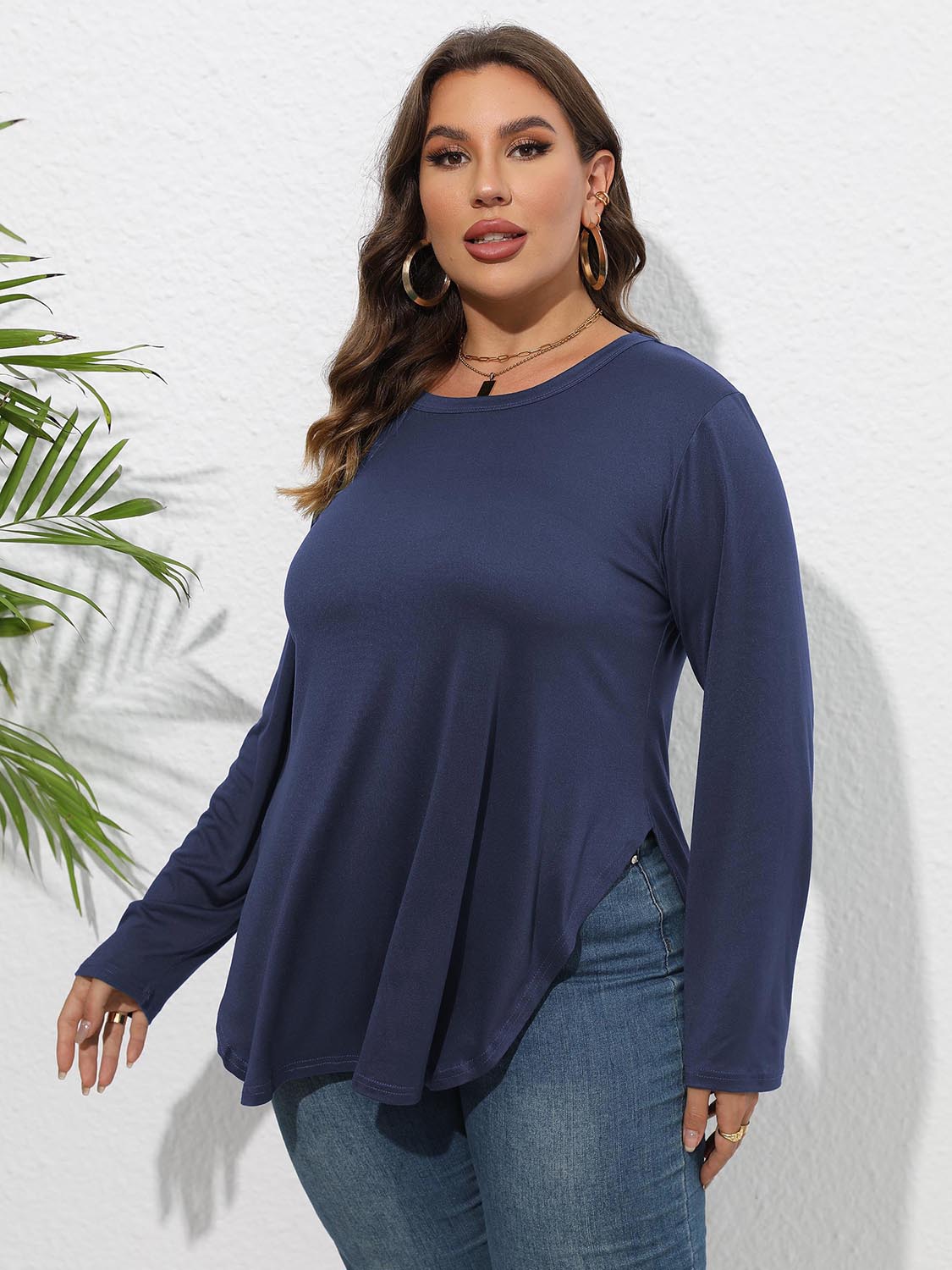 Plus Size Round Neck Long Sleeve Slit T-Shirt - The Goddess Galleries