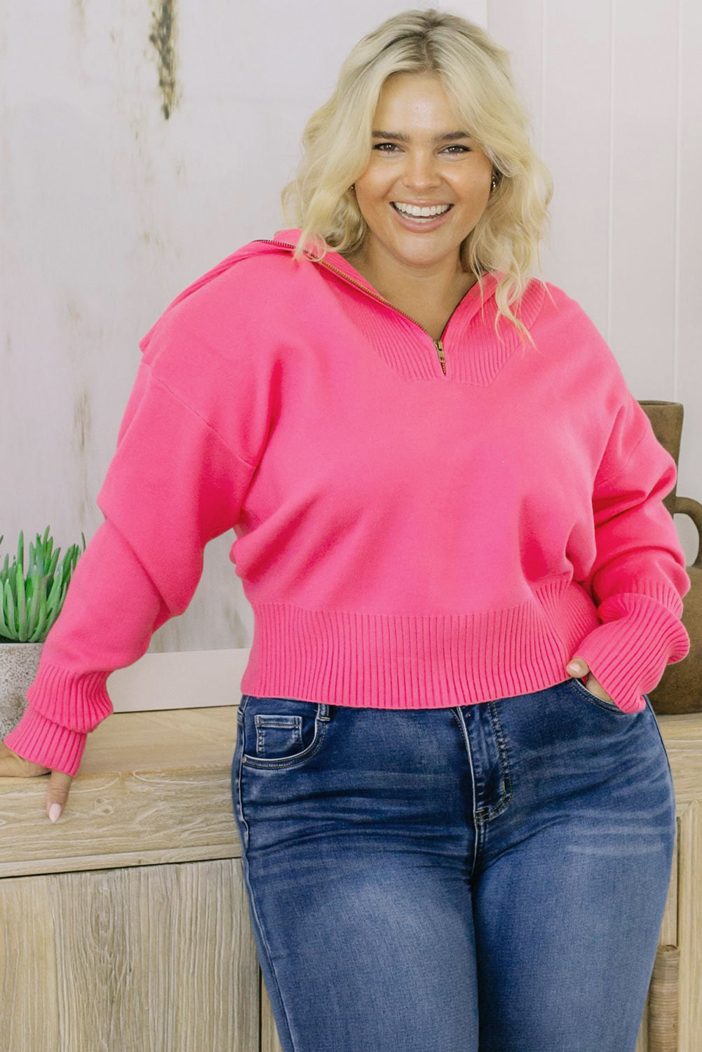 Plus Size Collared Neck Zip-Up Long Sleeve Sweater - The Goddess Galleries