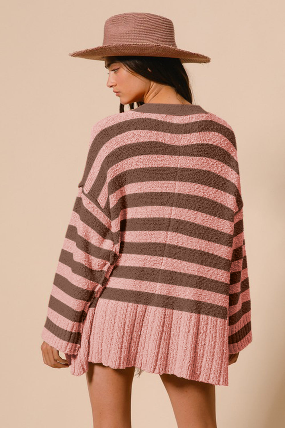 BiBi Slit Striped V-Neck Button Up Cardigan - The Goddess Galleries