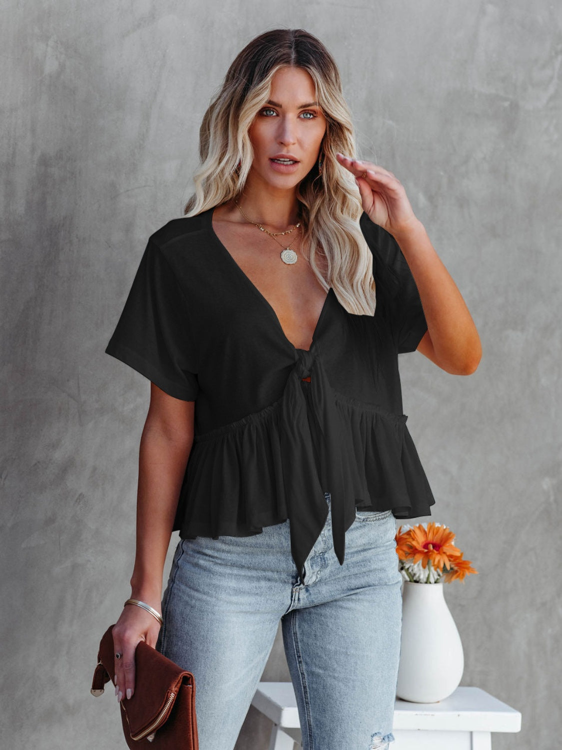 Tied Plunge Short Sleeve Blouse - The Goddess Galleries