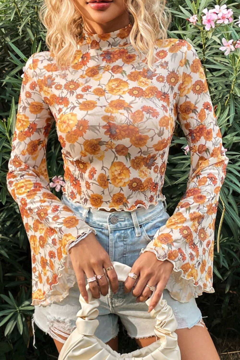 Printed Mock Neck Flare Sleeve Top - The Goddess Galleries