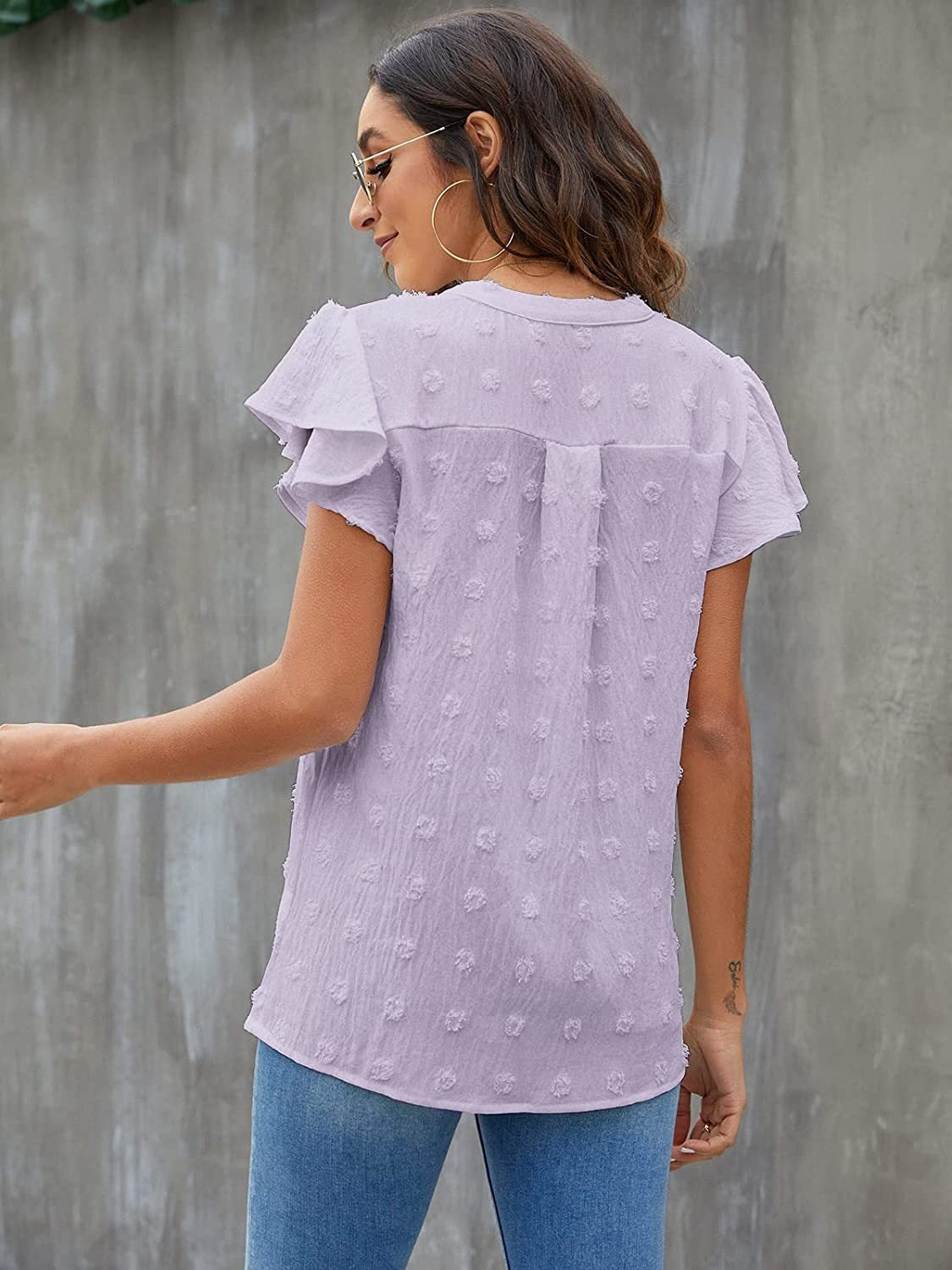 Swiss Dot Notched Flutter Sleeve Blouse - The Goddess Galleries