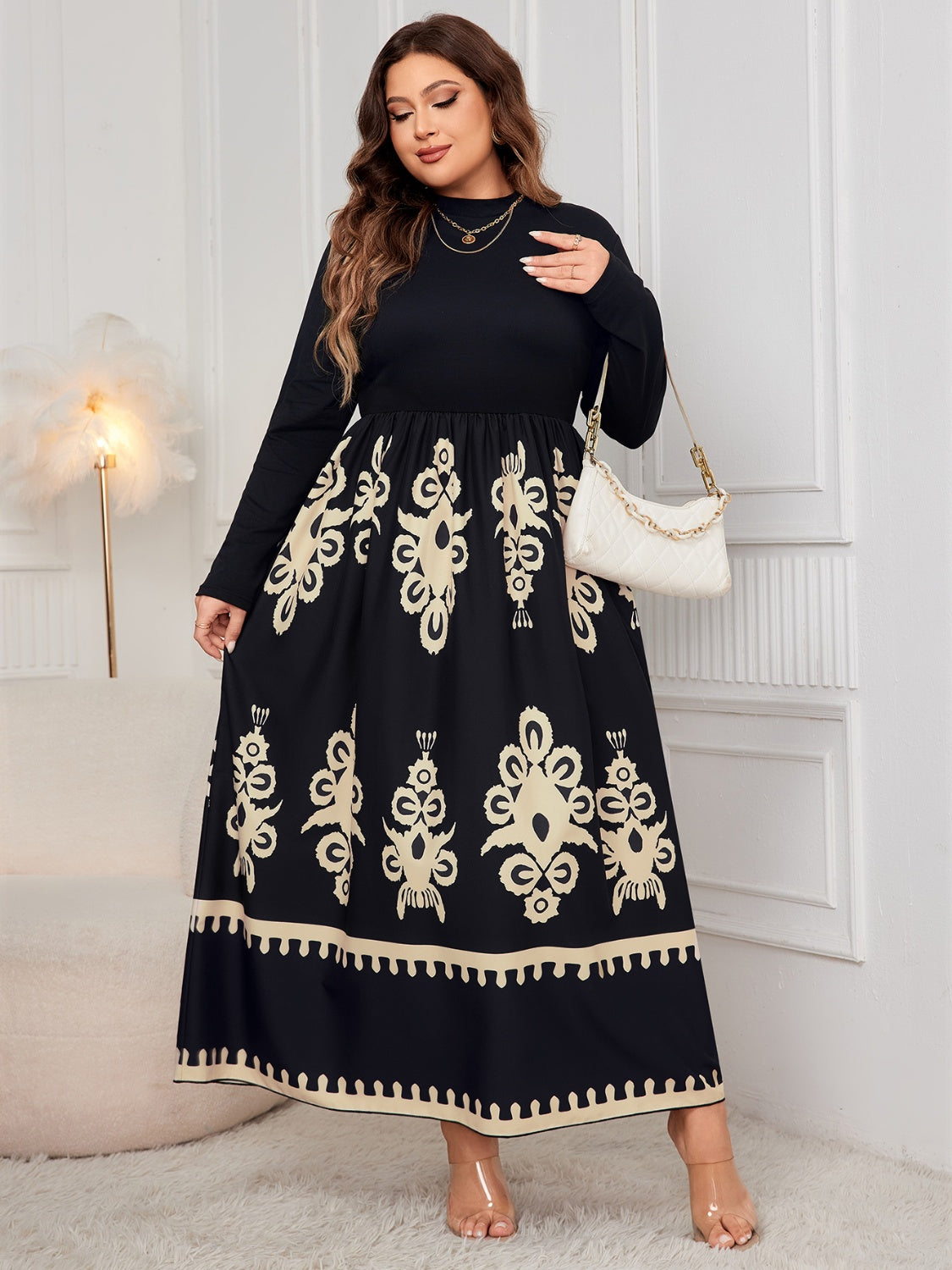 Honey Plus Size Printed Mock Neck Long Sleeve Dress - The Goddess Galleries