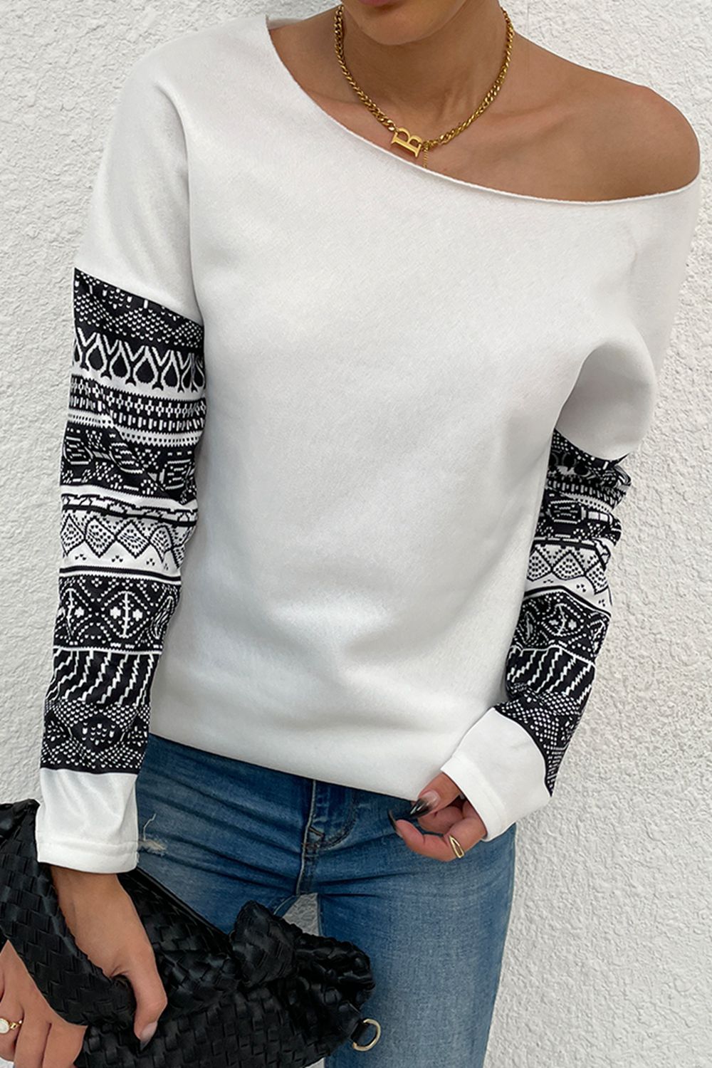 Shiny Boat Neck Long Printed Sleeve Blouse - The Goddess Galleries