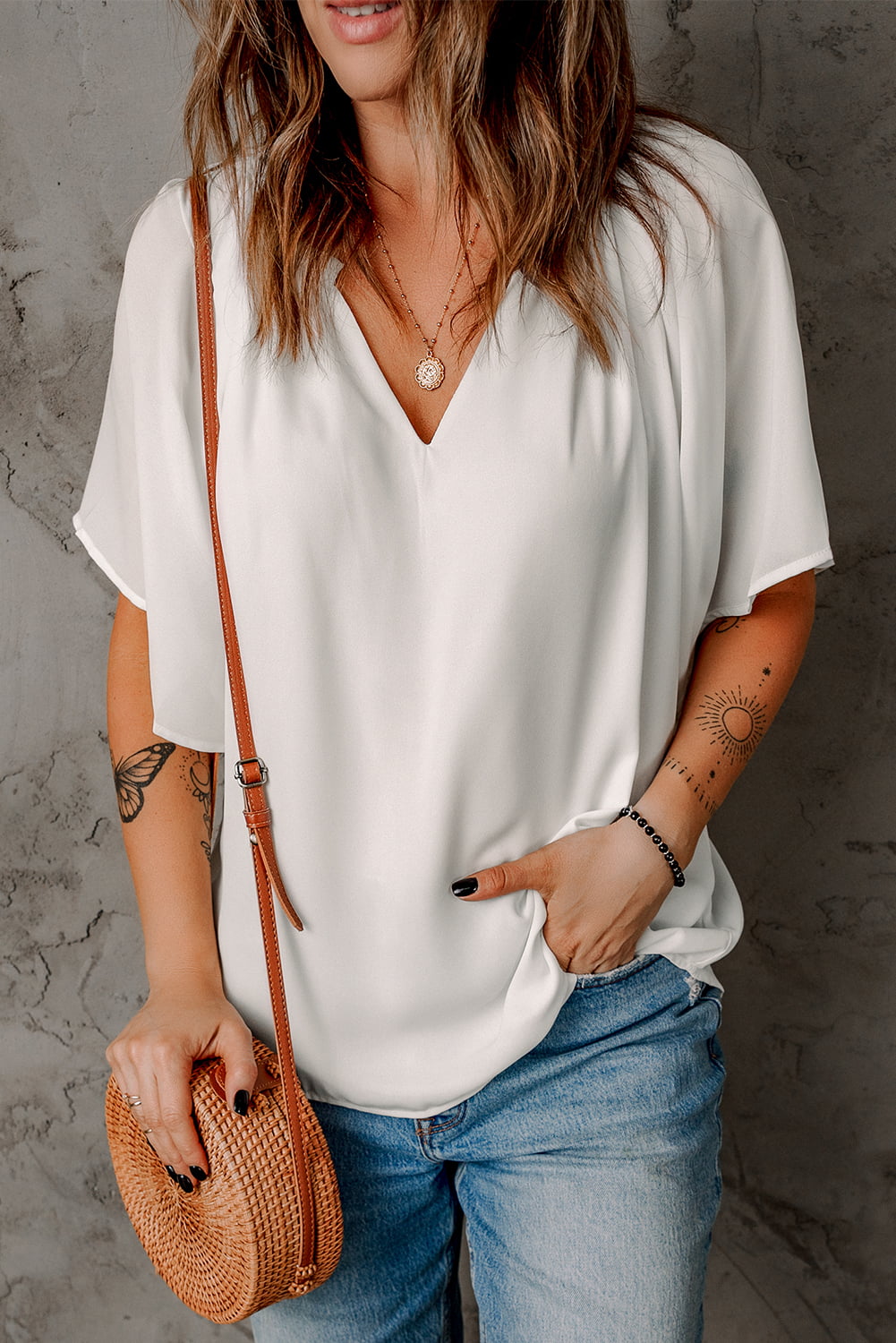 Gathered Detail Notched Neck Flutter Sleeve Top - The Goddess Galleries