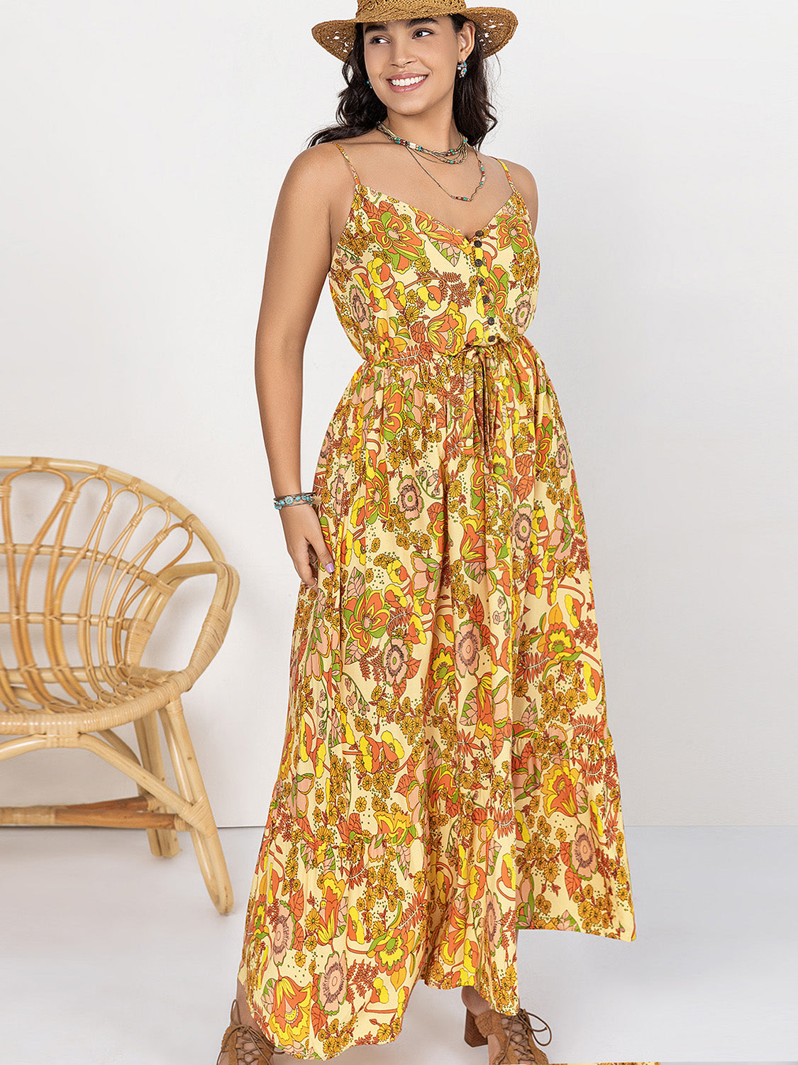 Plus Size Printed V-Neck Maxi Cami Dress - The Goddess Galleries