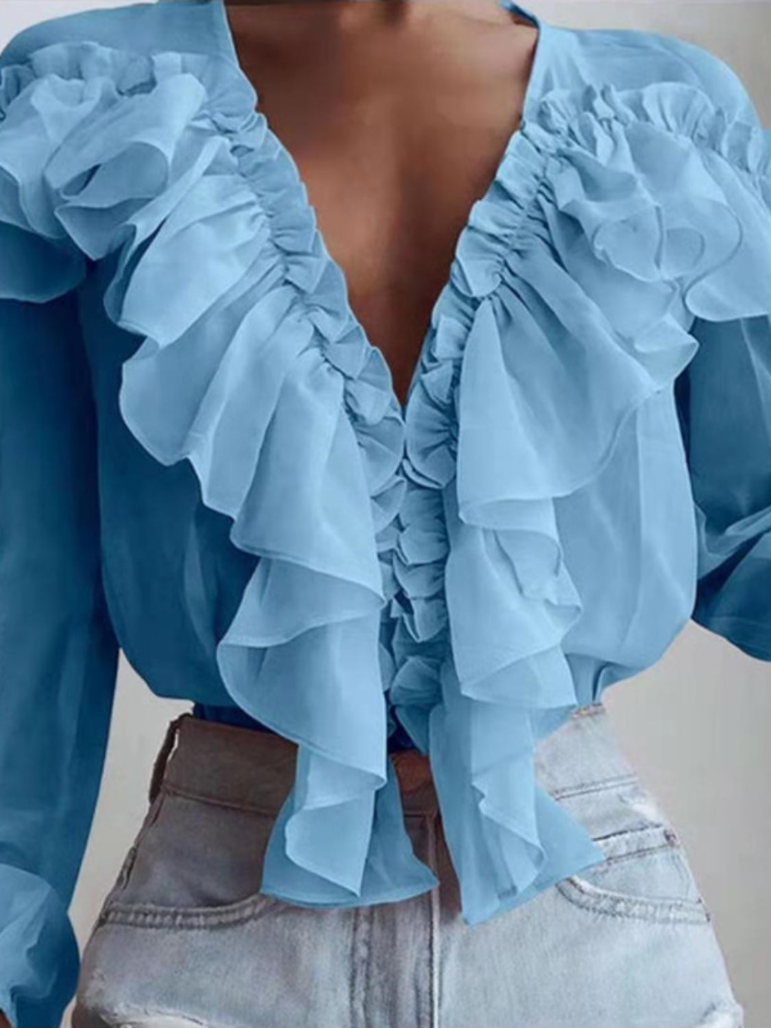 Ruffled V-Neck Long Sleeve Blouse - The Goddess Galleries