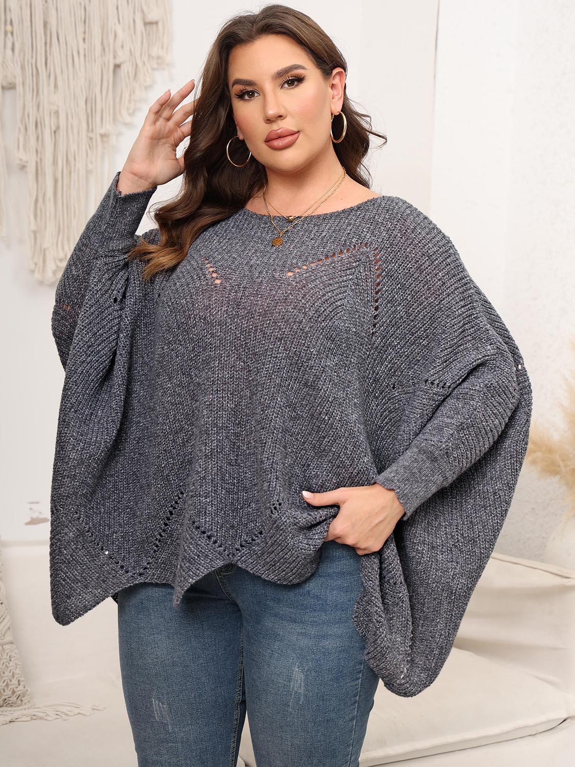 Plus Size Round Neck Batwing Sleeve Sweater - The Goddess Galleries
