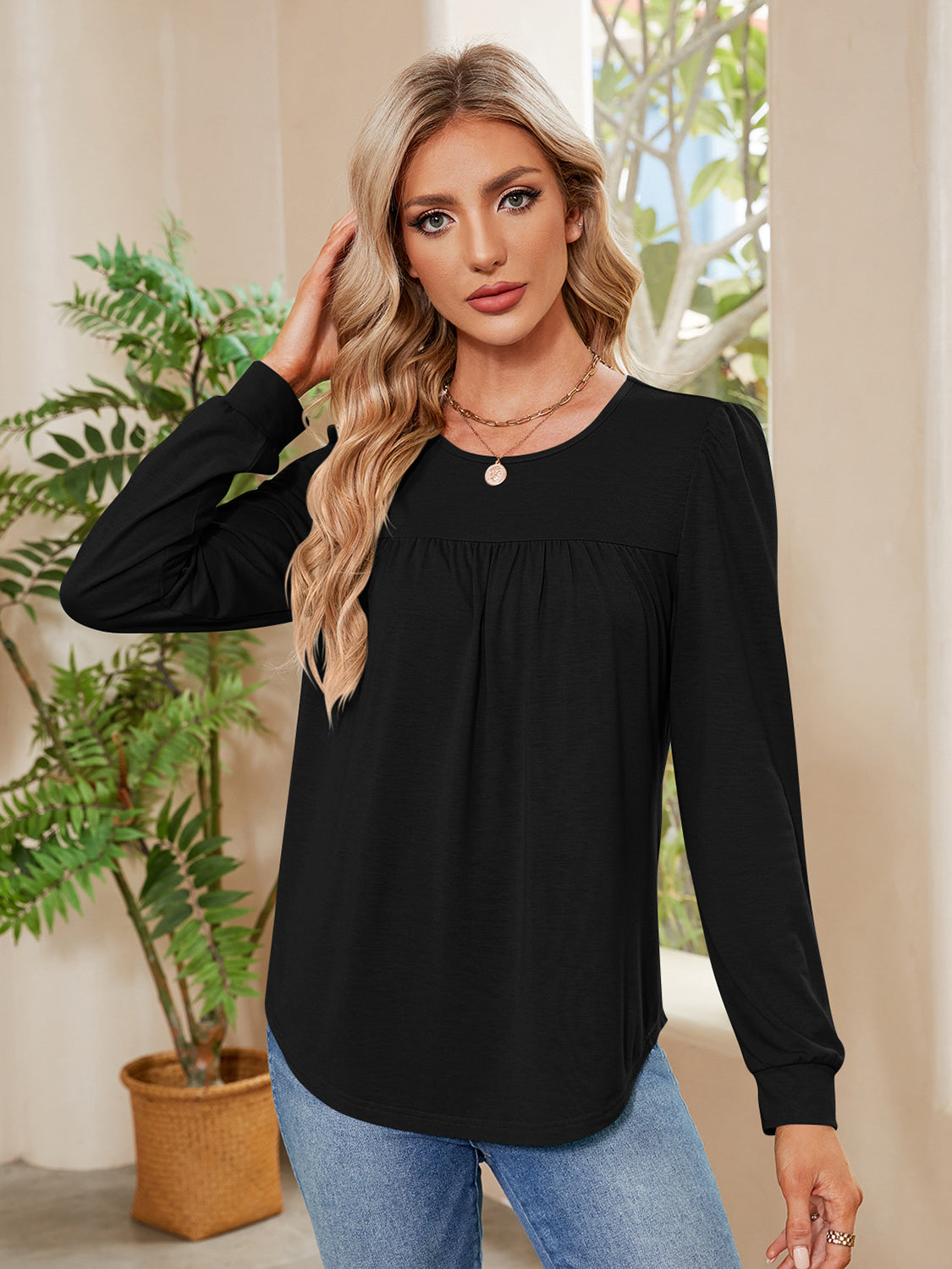 Ruched Round Neck Long Sleeve Blouse - The Goddess Galleries