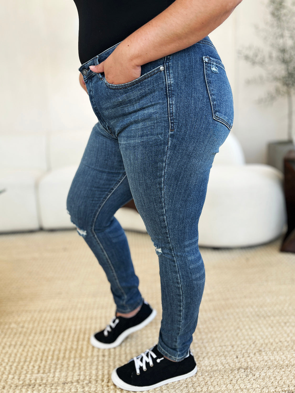 Judy Blue Full Size Mid Waist Distressed Slim Jeans - The Goddess Galleries
