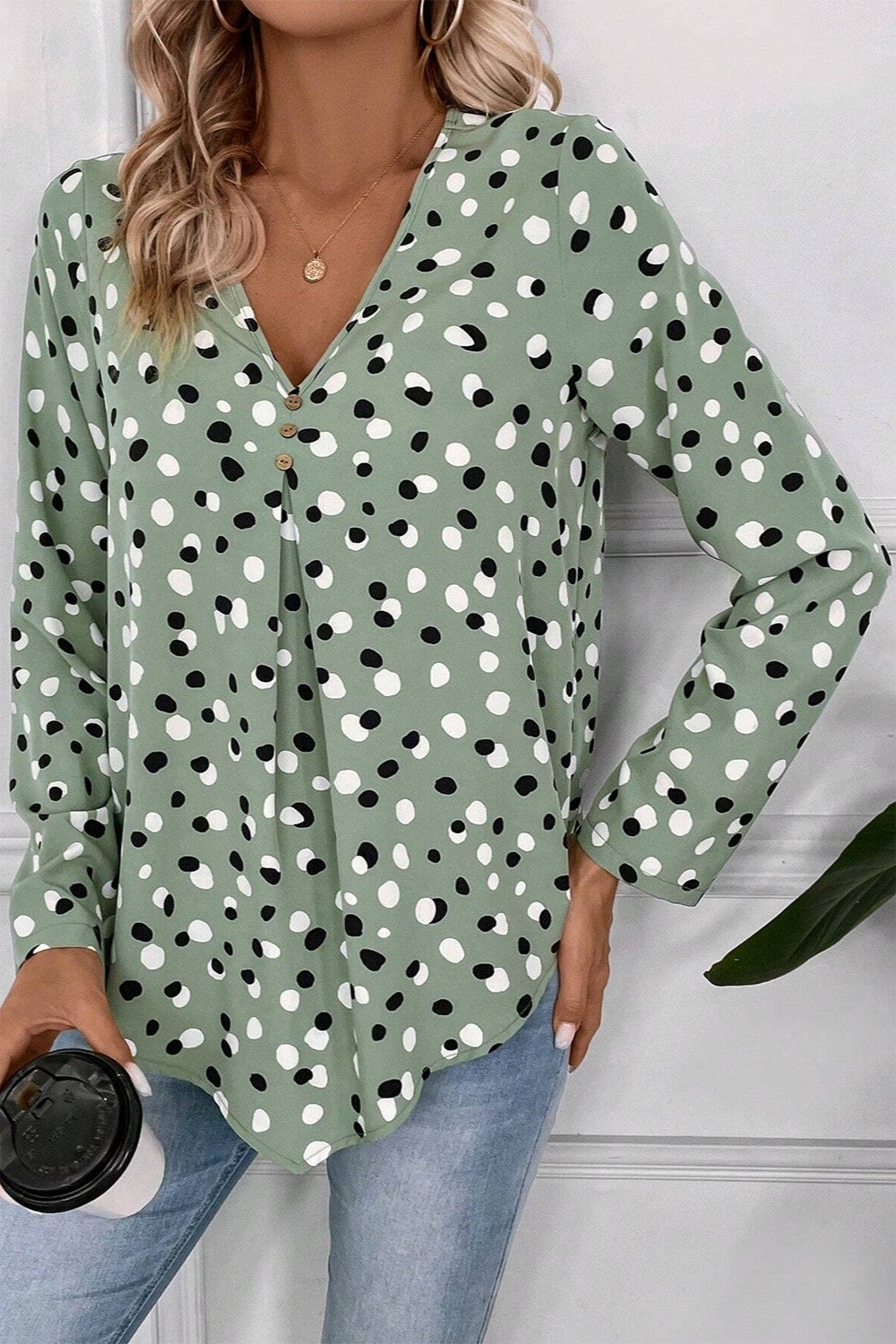 Printed V-Neck Long Sleeve Blouse - The Goddess Galleries