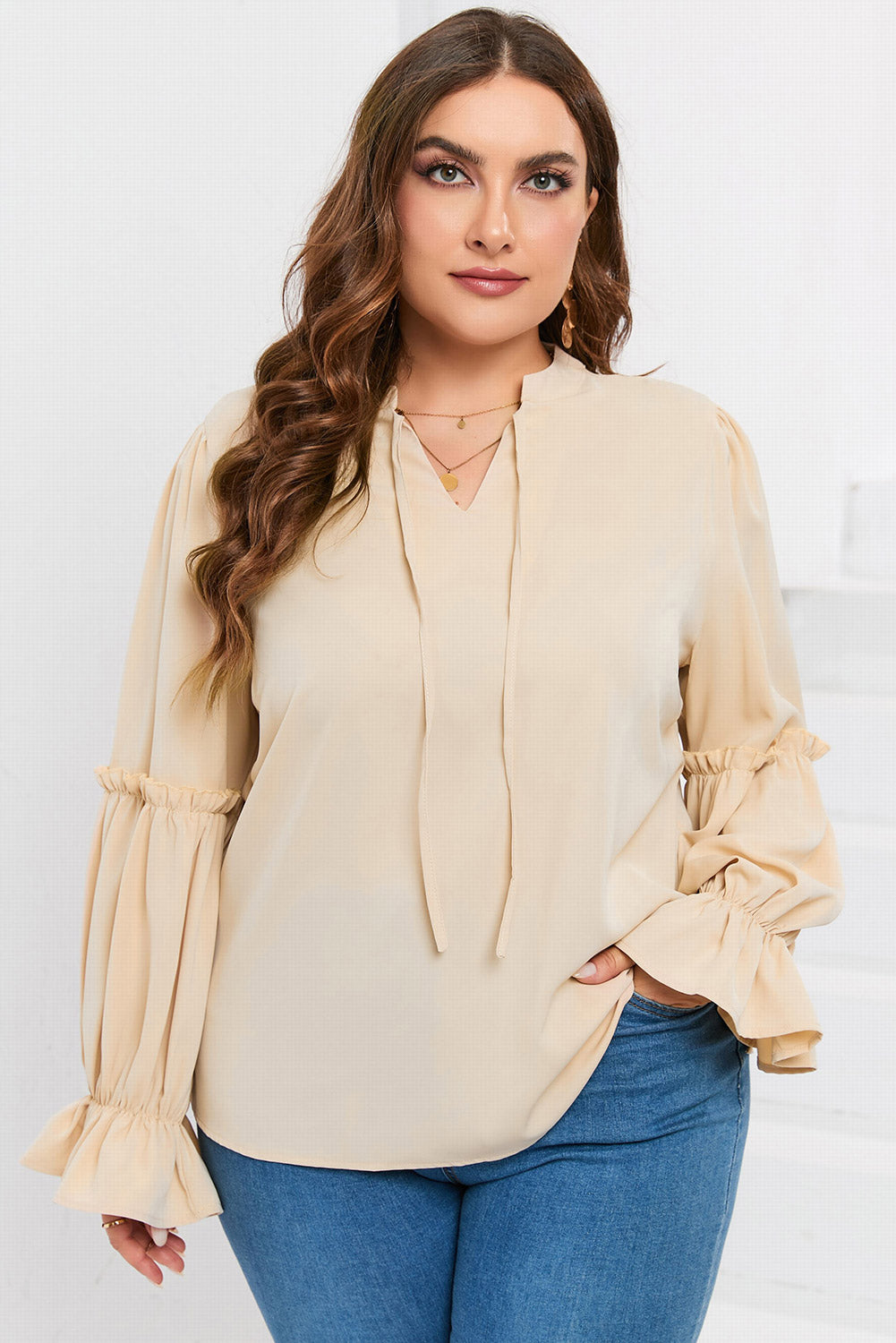 Plus Size Ruffled Tie Neck Flounce Sleeve Blouse - The Goddess Galleries