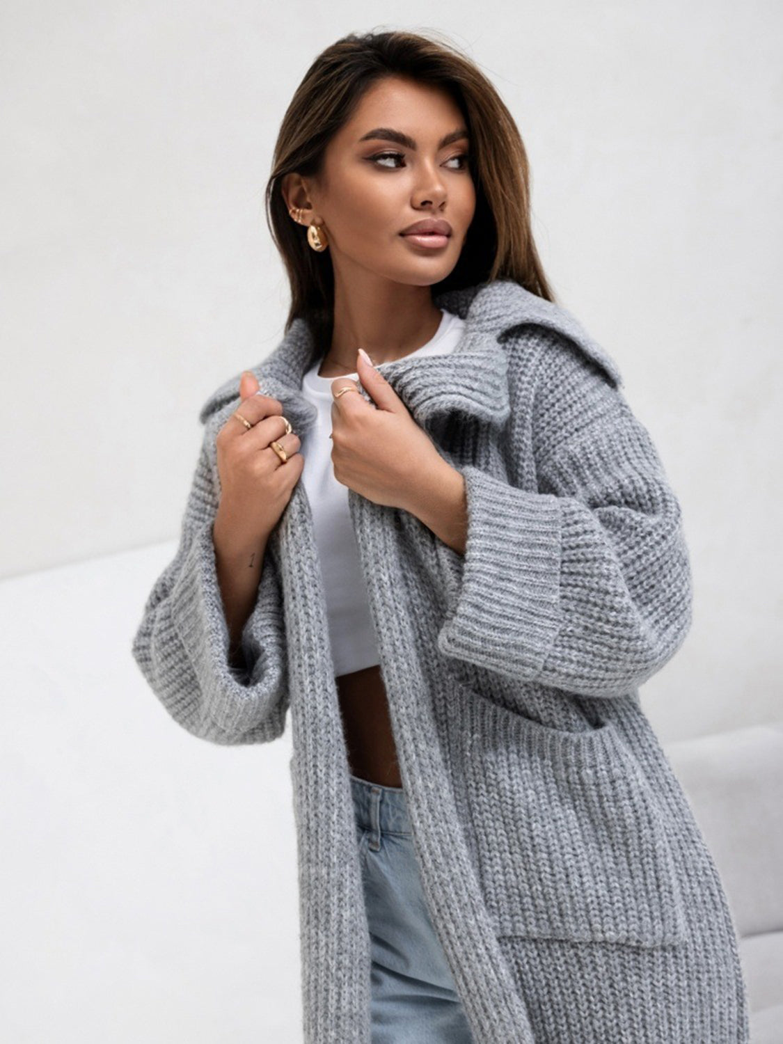 Pocketed Collared Neck Dropped Shoulder Cardigan - The Goddess Galleries