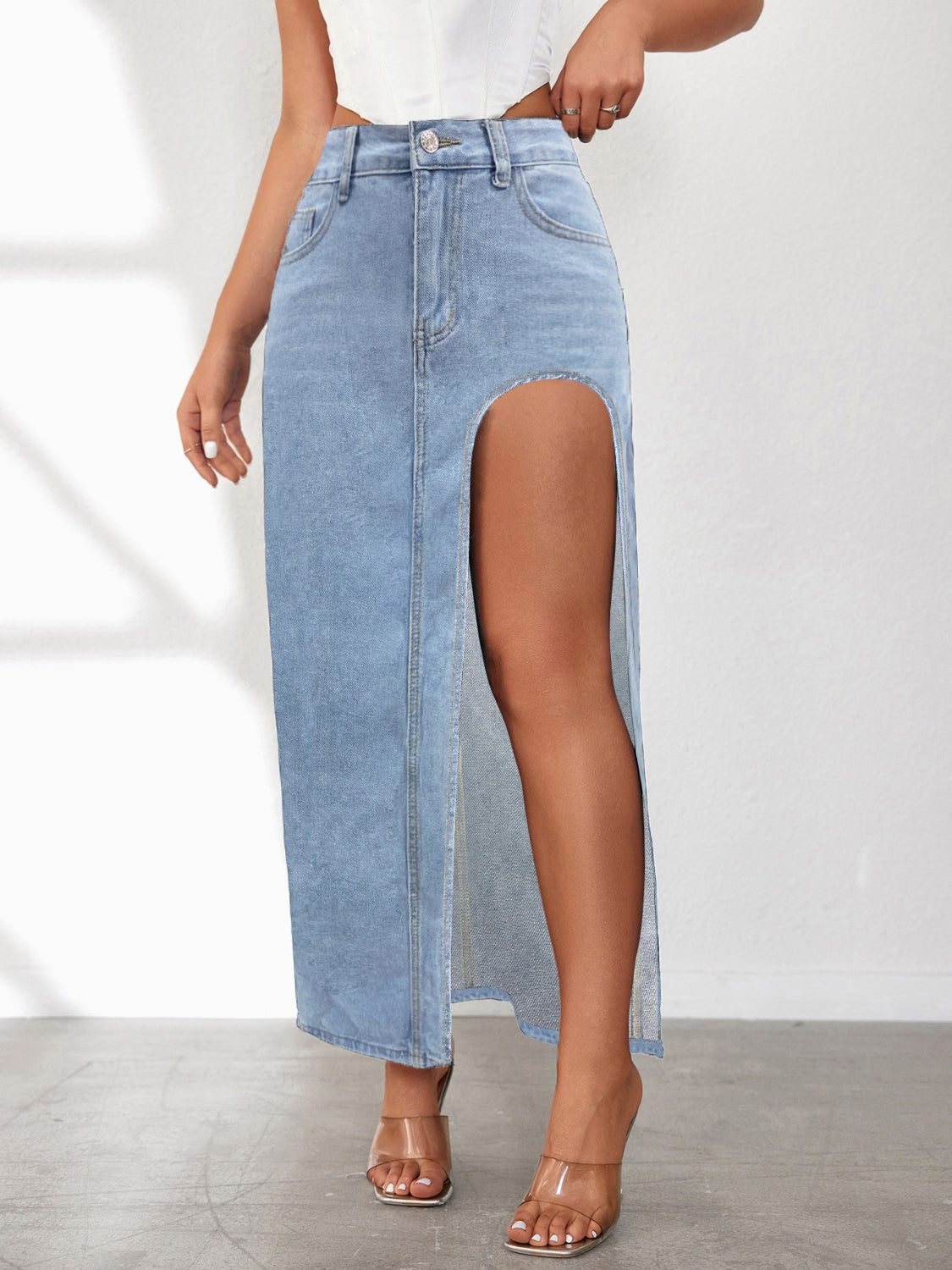 High Rise Slit Denim Skirt - The Goddess Galleries