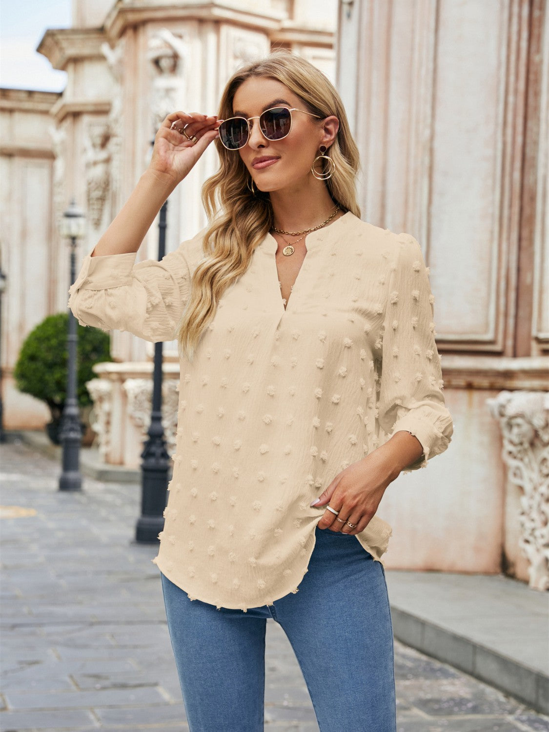 Swiss Dot Notched Neck Blouse - The Goddess Galleries