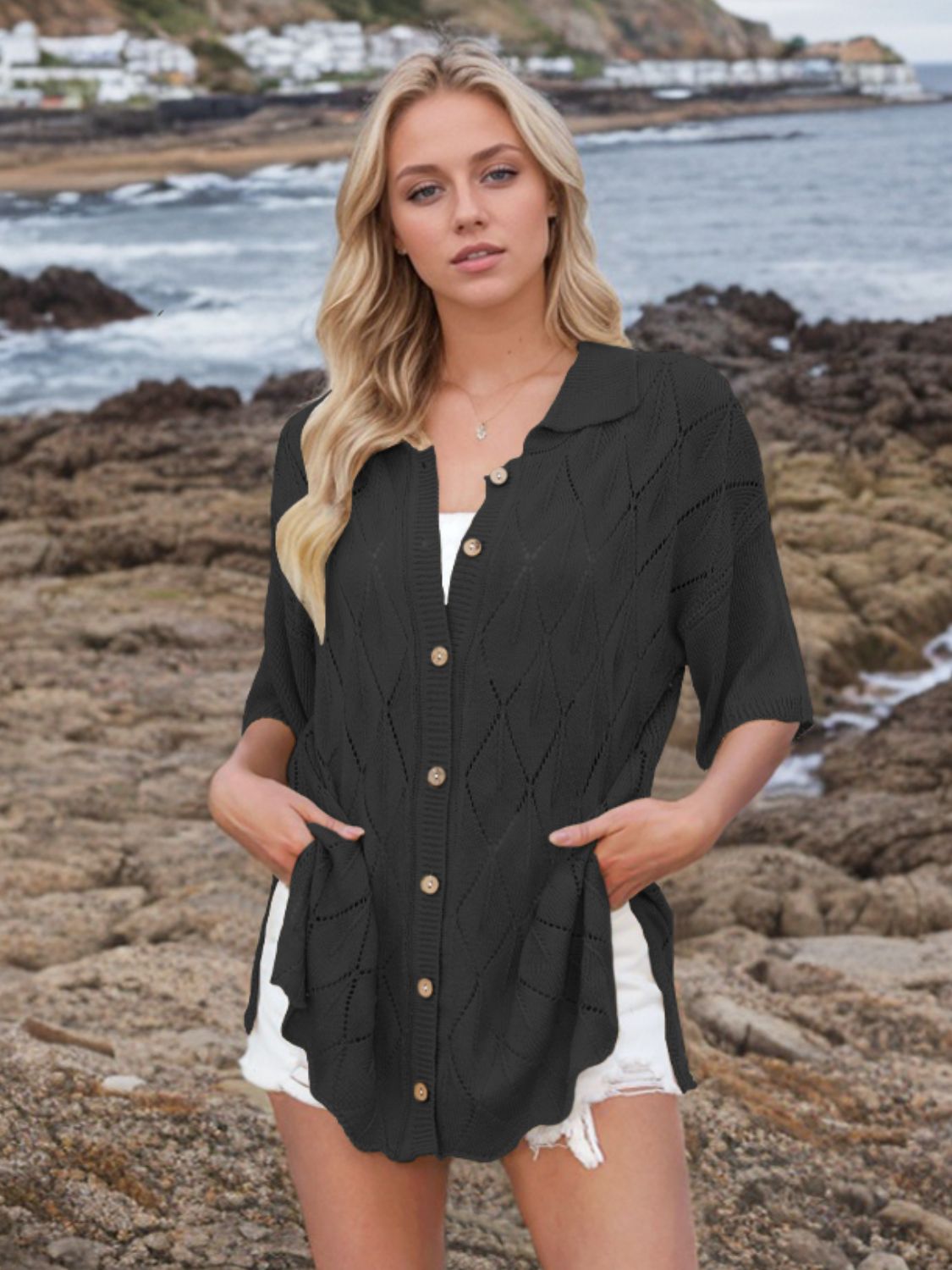 Button Down Eyelet Collared Neck Knit Shirt - The Goddess Galleries