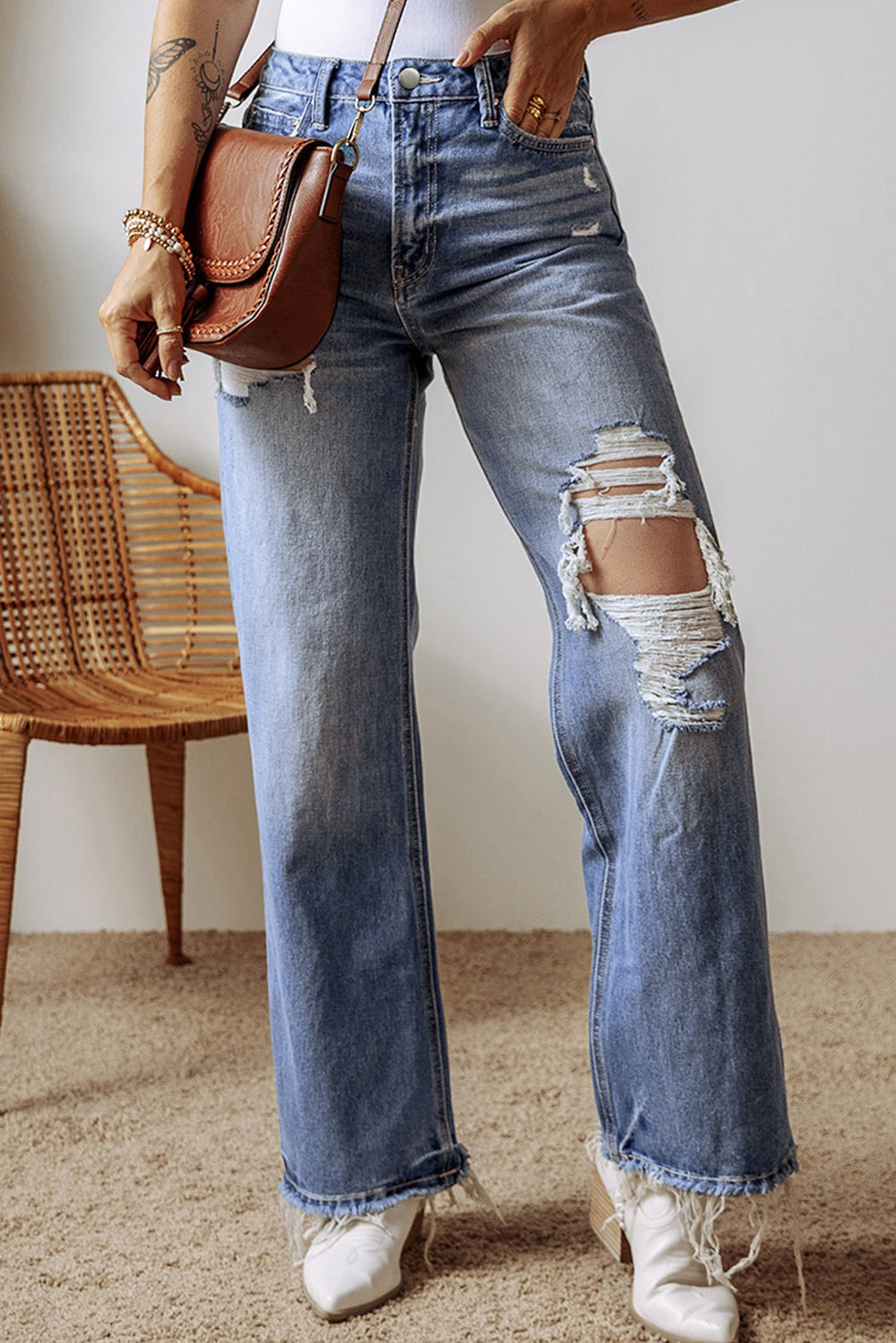 Distressed Straight Leg Jeans with Pockets - The Goddess Galleries